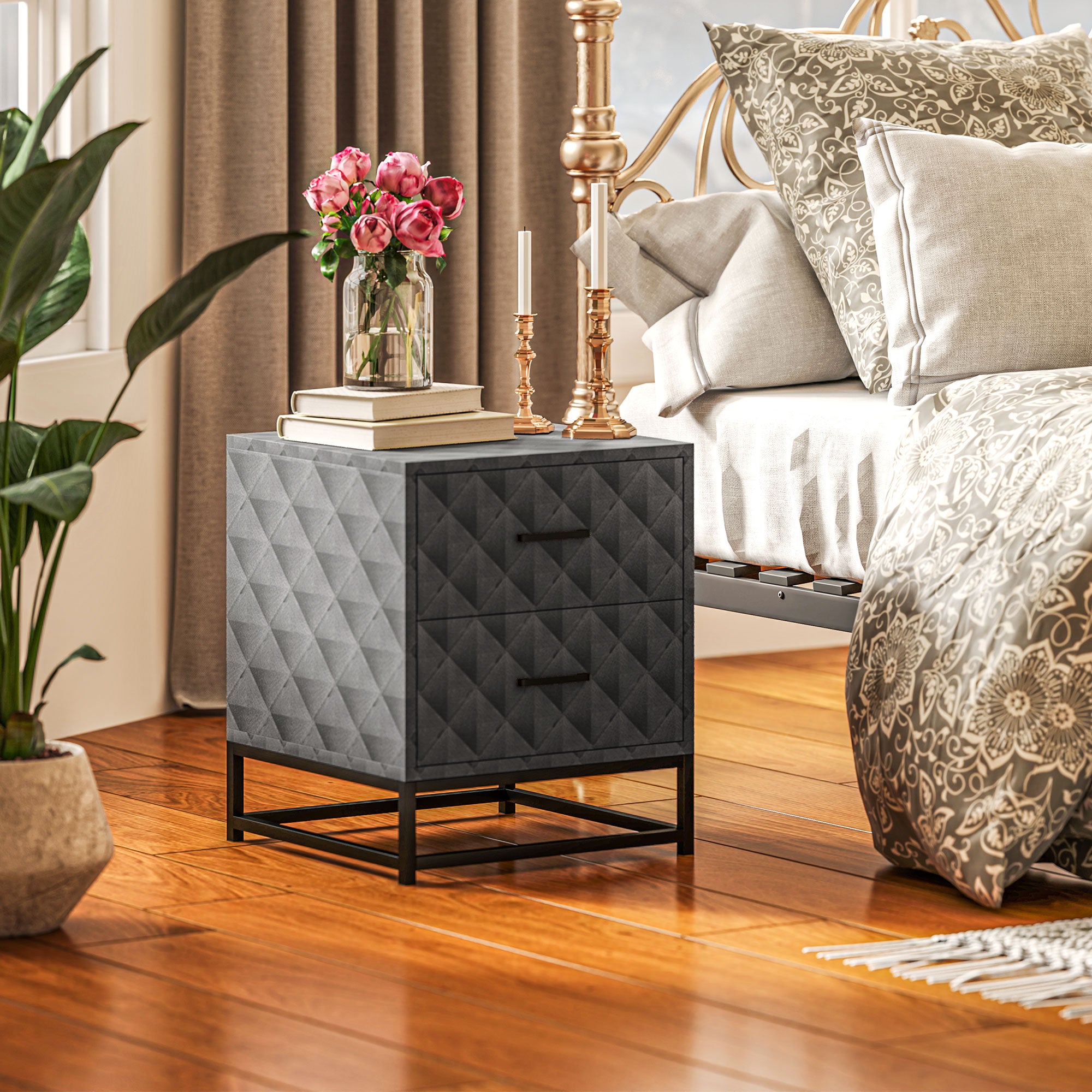 HOMCOM Bedside Tables Set of 2, Modern Bedside Table Nightstand with 2 Drawers, Bedside Cabinet Sofa Side Table with Storage, Steel Legs for Bedroom, Living Room, Grey - North Peak Garden Furniture