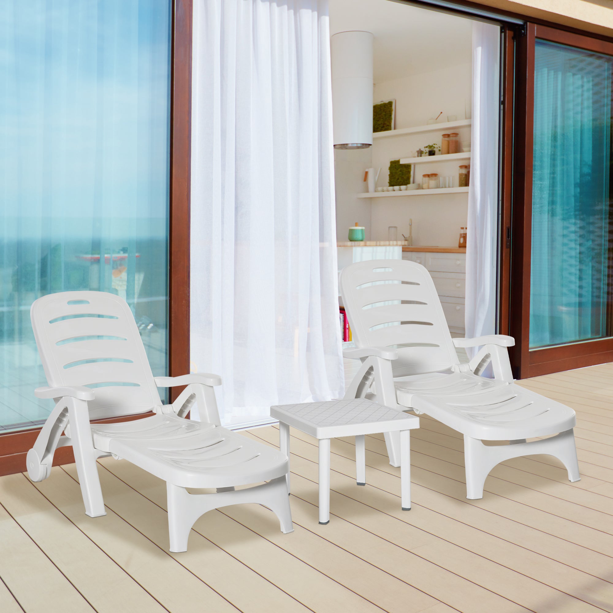 Outsunny 3pcs Garden Furniture Set Outdoor Furniture Set Dining Table, 2 Lounge Chairs and 1 Garden Side Table White - North Peak Garden Furniture