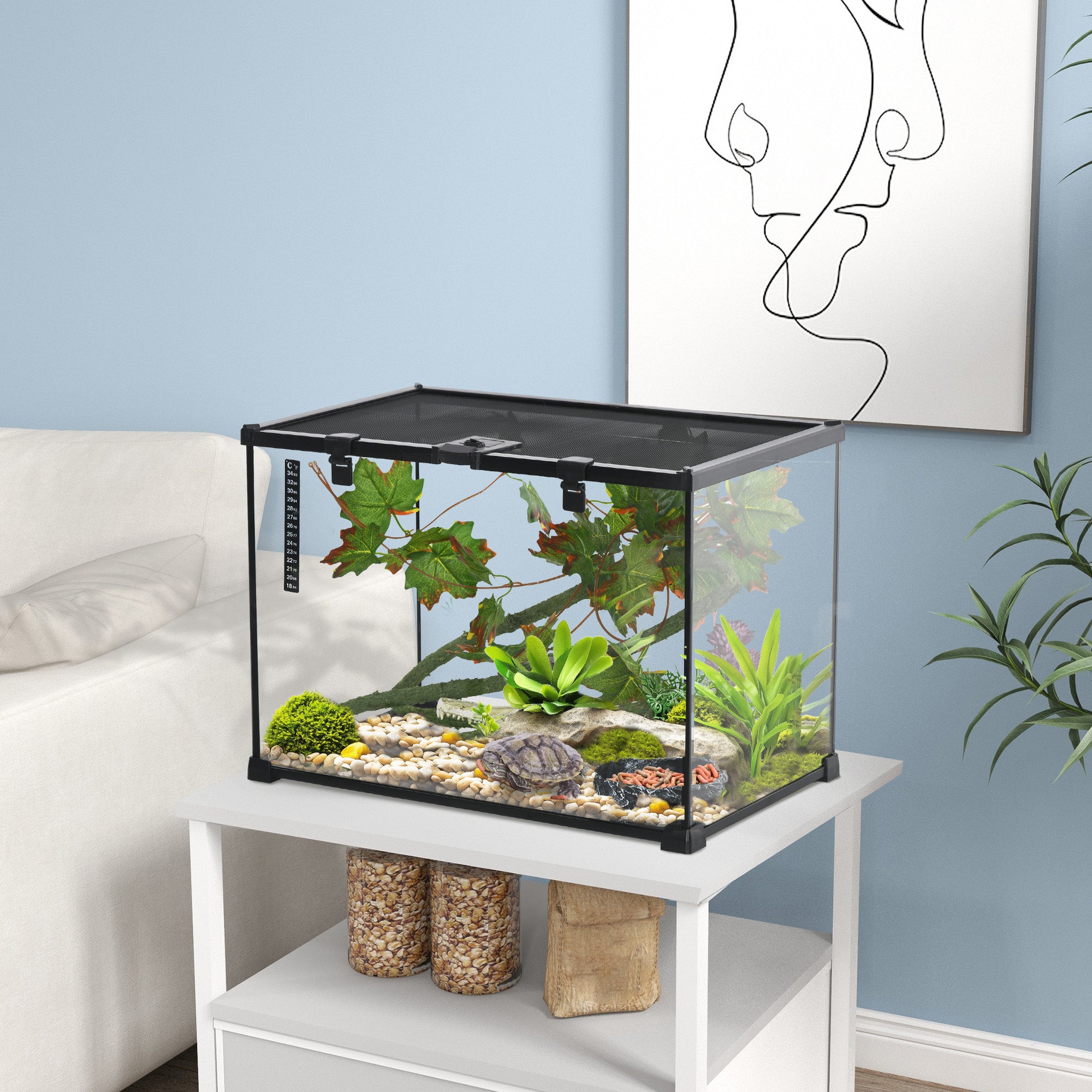 PawHut Glass Reptile Terrarium with Decor Kit, Breeding Tank with Thermometer for Small Animals, 50 x 30 x 35cm, Heated - Black - North Peak Garden Furniture