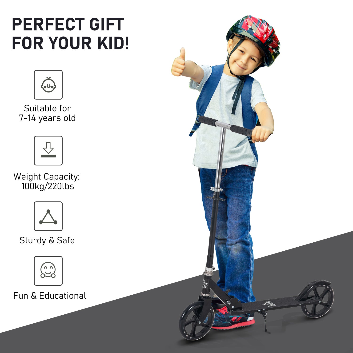 HOMCOM Kids Scooter Teenager Kick Scooter Foldable 4 Levels Adjustable Height with Rear Fender Brake for 7-14 Years