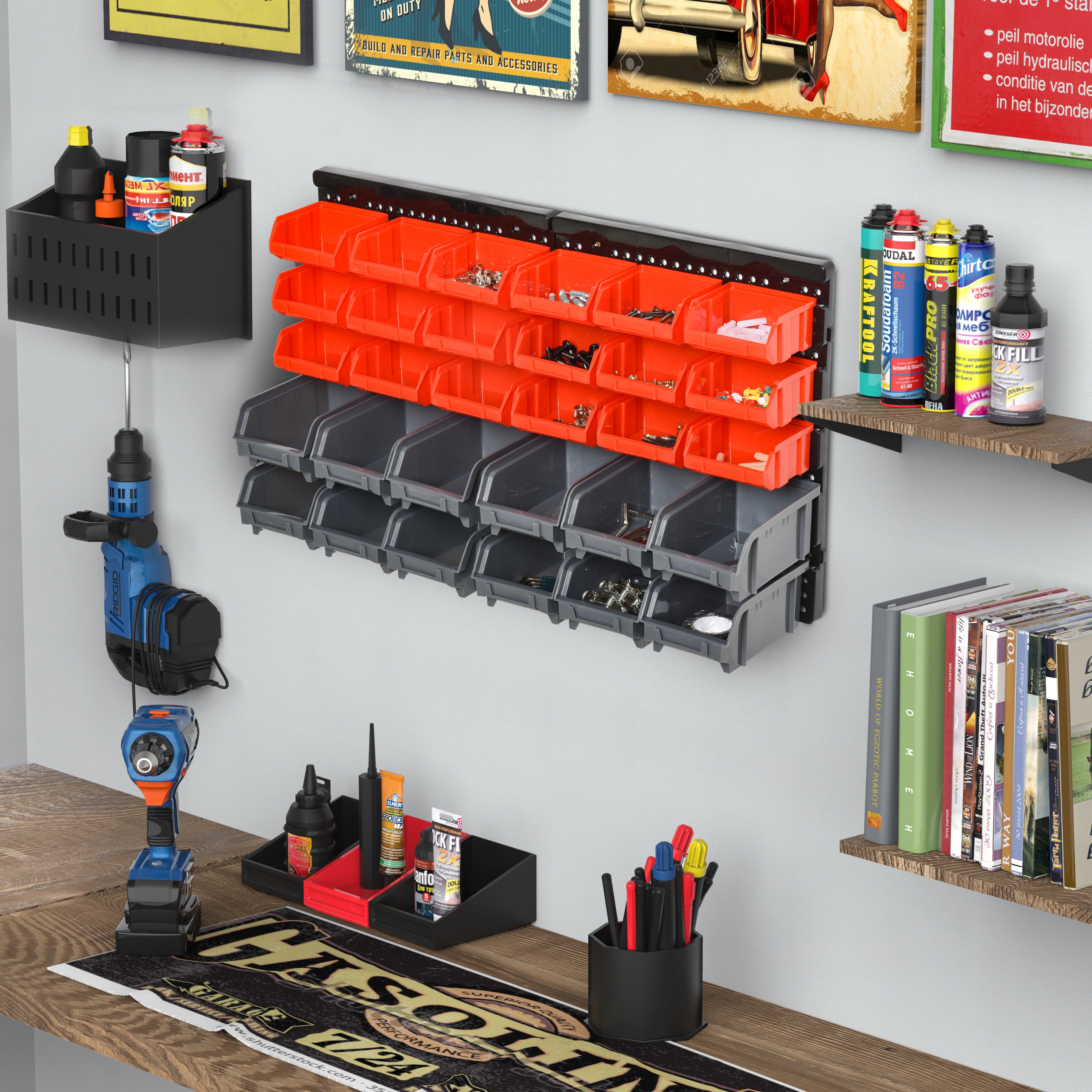 DURHAND Professional Wall Mounted Tool Organiser, 30-Compartment, PP Material, Ideal for Hardware Storage, Red/Grey