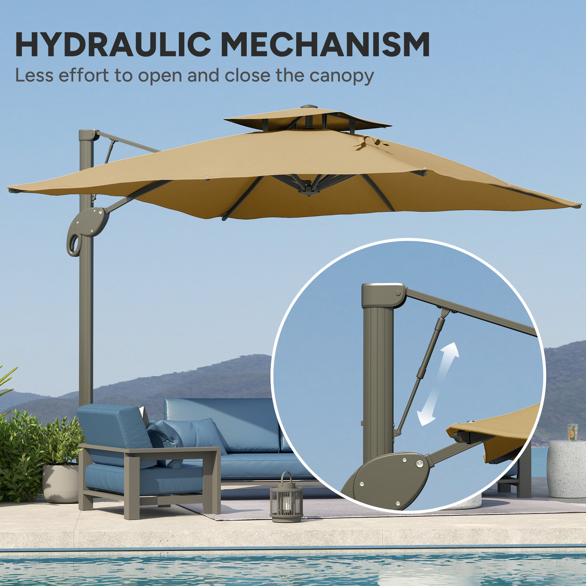 Outsunny Garden Parasol, 3(m) Cantilever Parasol with Hydraulic Mechanism, Dual Vented Top, 8 Ribs, Cross Base, Khaki - North Peak Garden Furniture