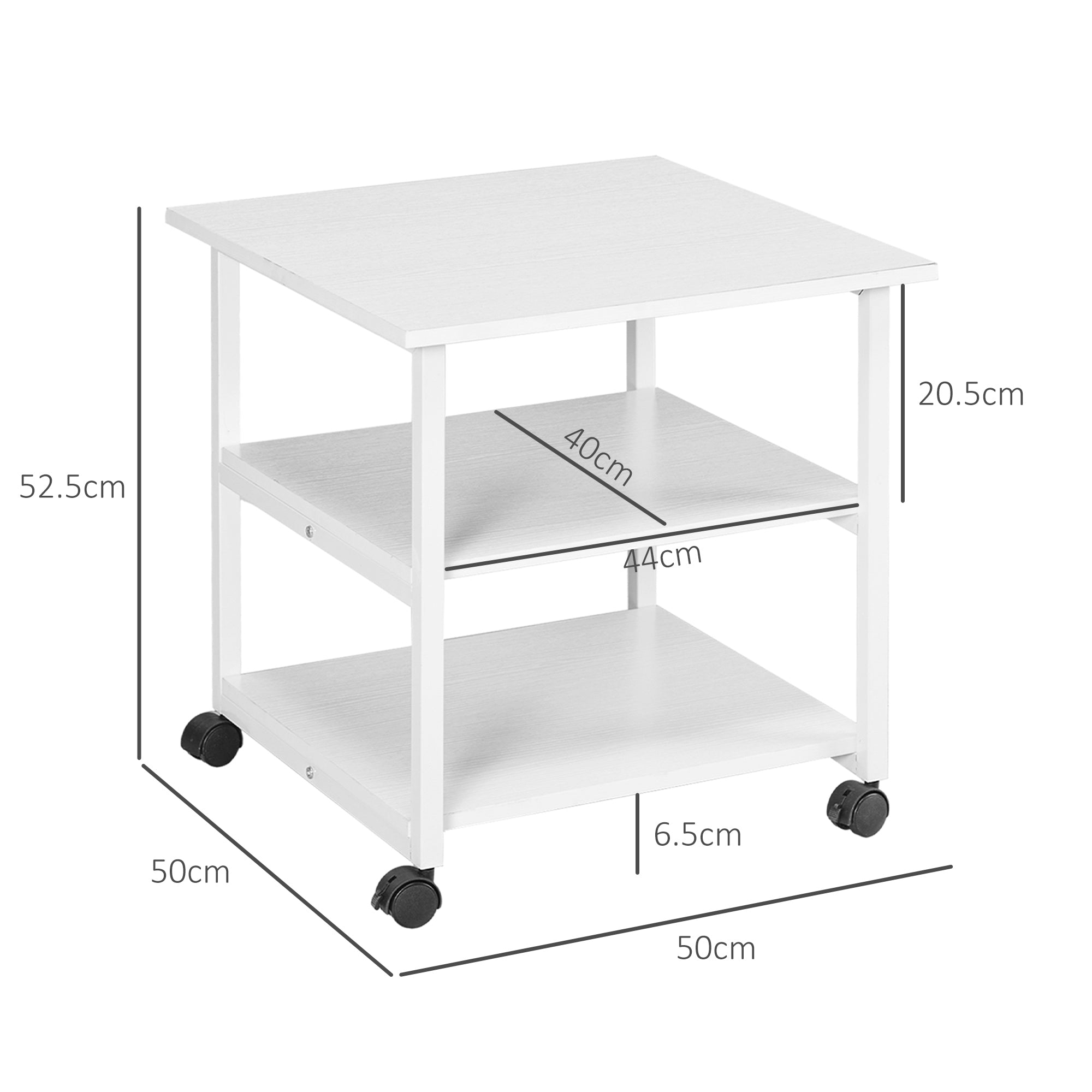 HOMCOM Three-Tier Steel Printer Stand, with Wheels - White