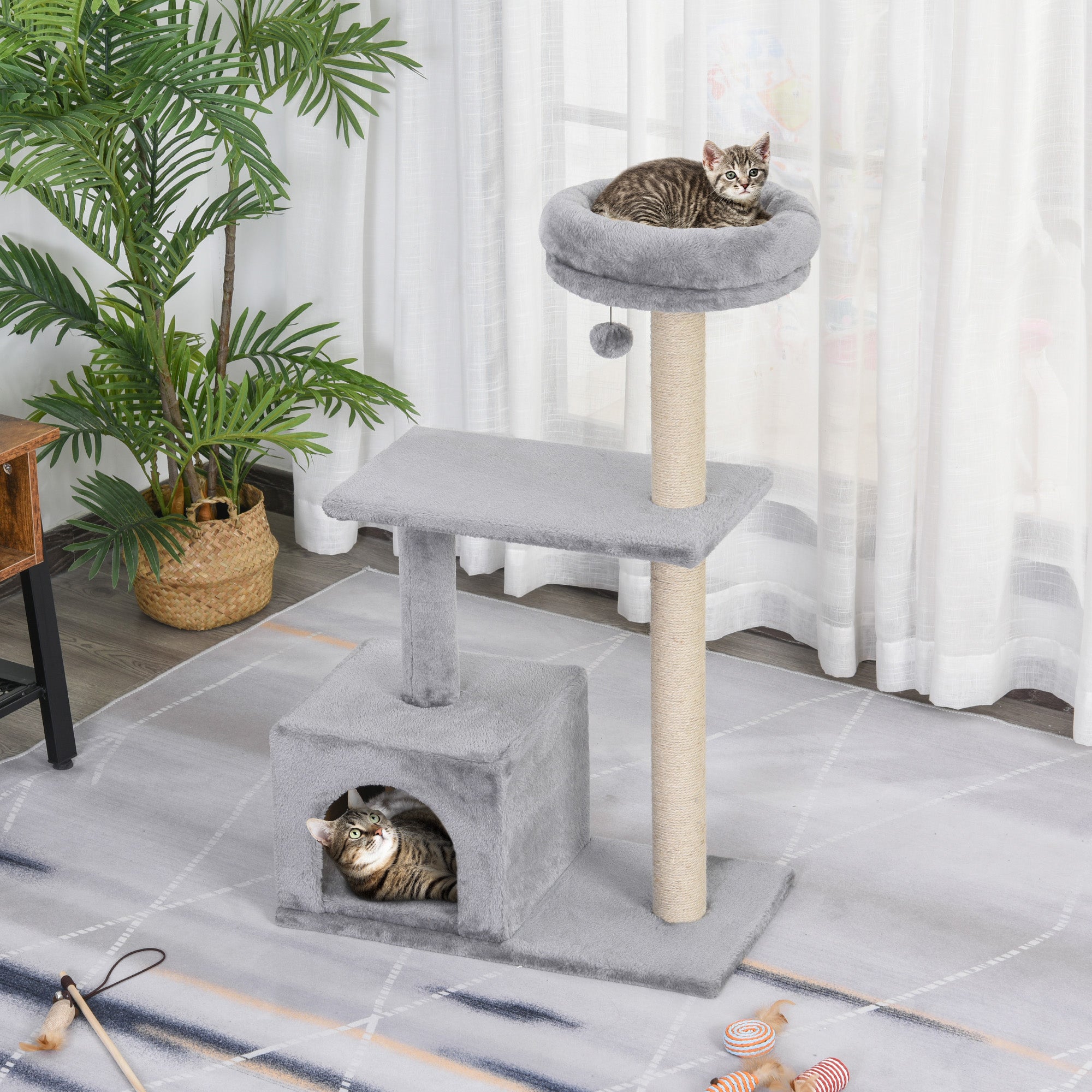 PawHut 96cm Cat Tree for Indoor Cats Condo Sisal Scratching Post Cat Tower Kitten Play House Dangling Ball Activity Center Furniture Grey