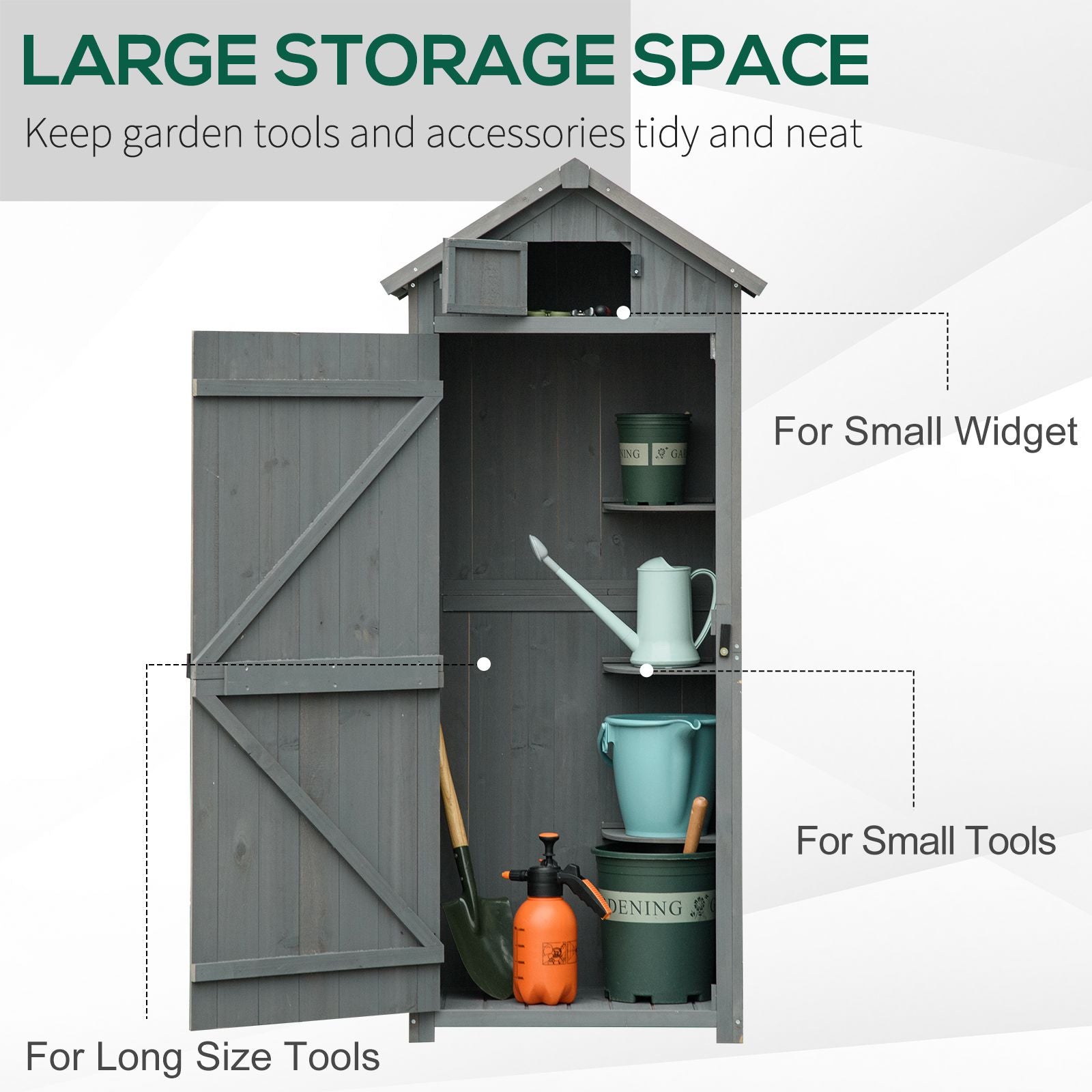 Outsunny Wooden Garden Shed, Utility Outdoor Small Shed with Lockable Double Doors, Shelves and Roof Hatch, Grey - North Peak Garden Furniture