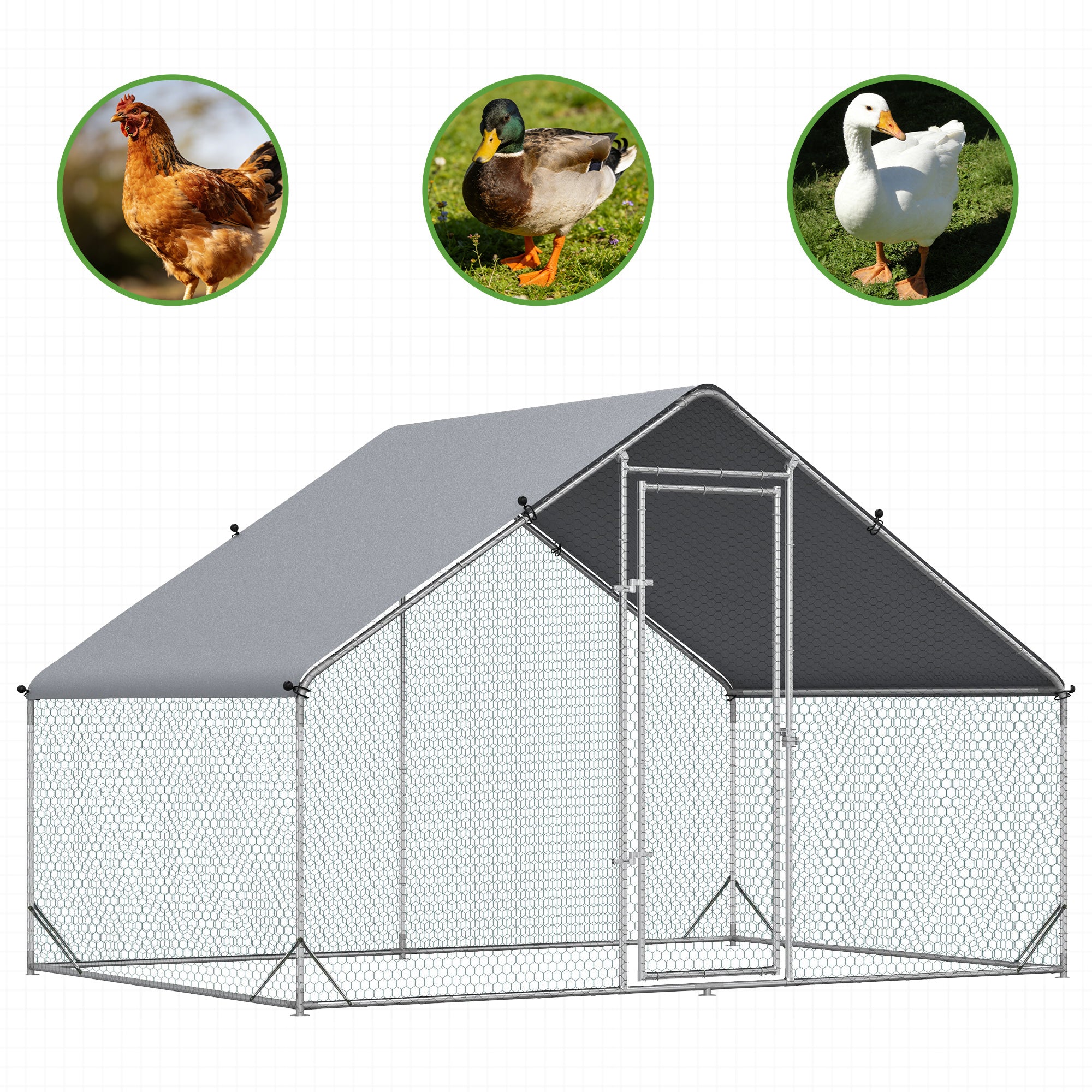 PawHut Chicken Run Galvanised Walk-in Chicken Coop Hen Poultry House Cage Rabbit Hutch Pet Playpen Garden w/ Water-Resist Cover, 3 x 2 x 2m