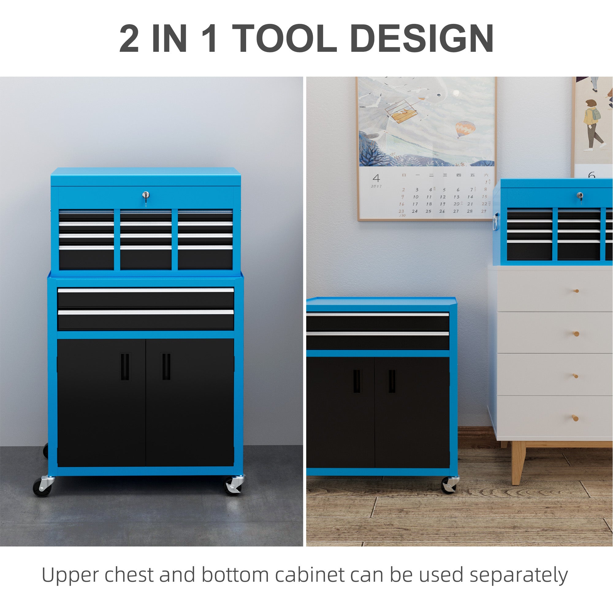 HOMCOM Portable Tool Box, Metal Tool Chest on Wheels with 6 Drawers for Garage and Workshop, Blue - North Peak Garden Furniture