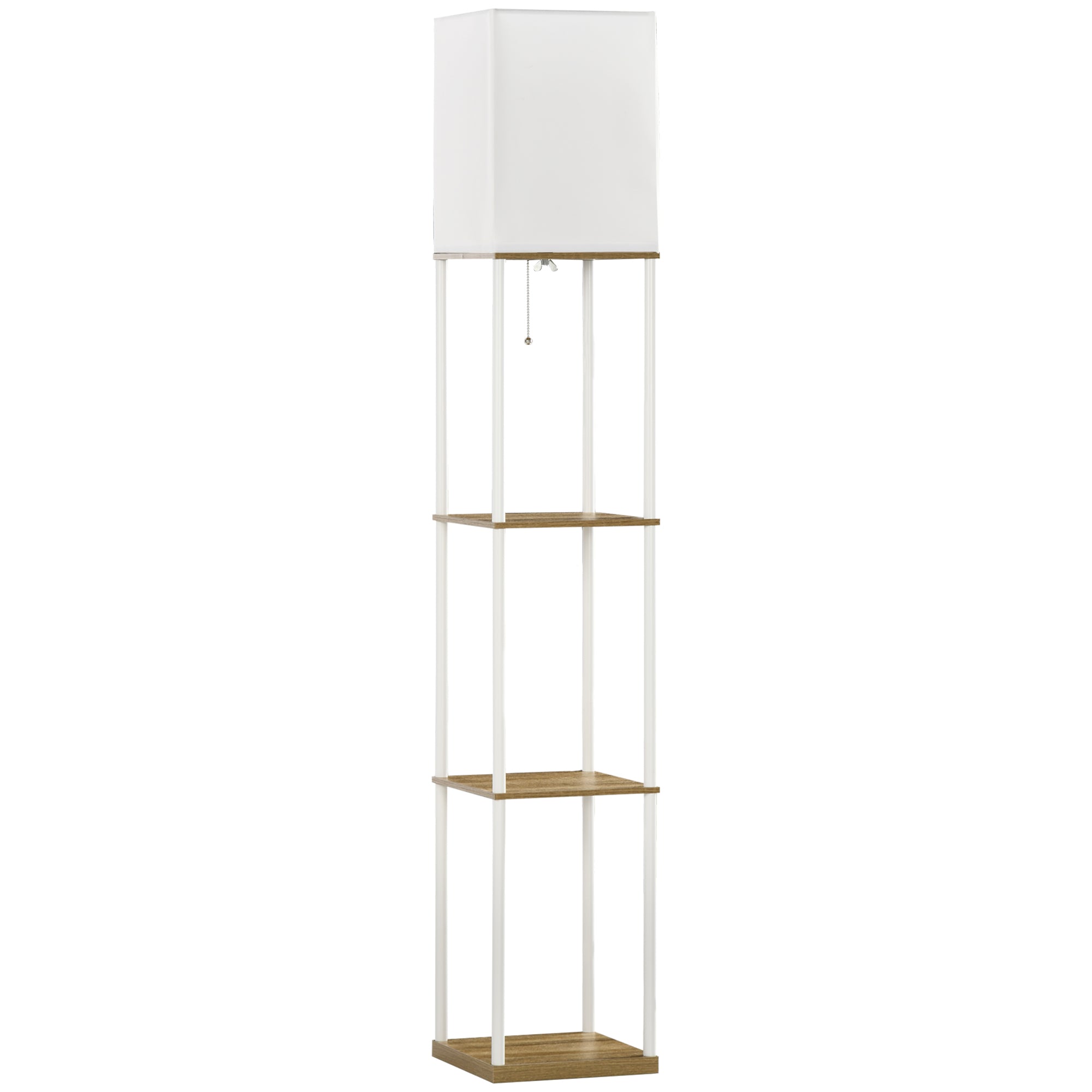 HOMCOM Modern Floor Lamp with Shelves, 3 Layer Shelf Tall Standing Lamp with Fabric Lampshade, Pull Chain Switch for Living Room, Bedroom, Bulb not Included, White - North Peak Garden Furniture