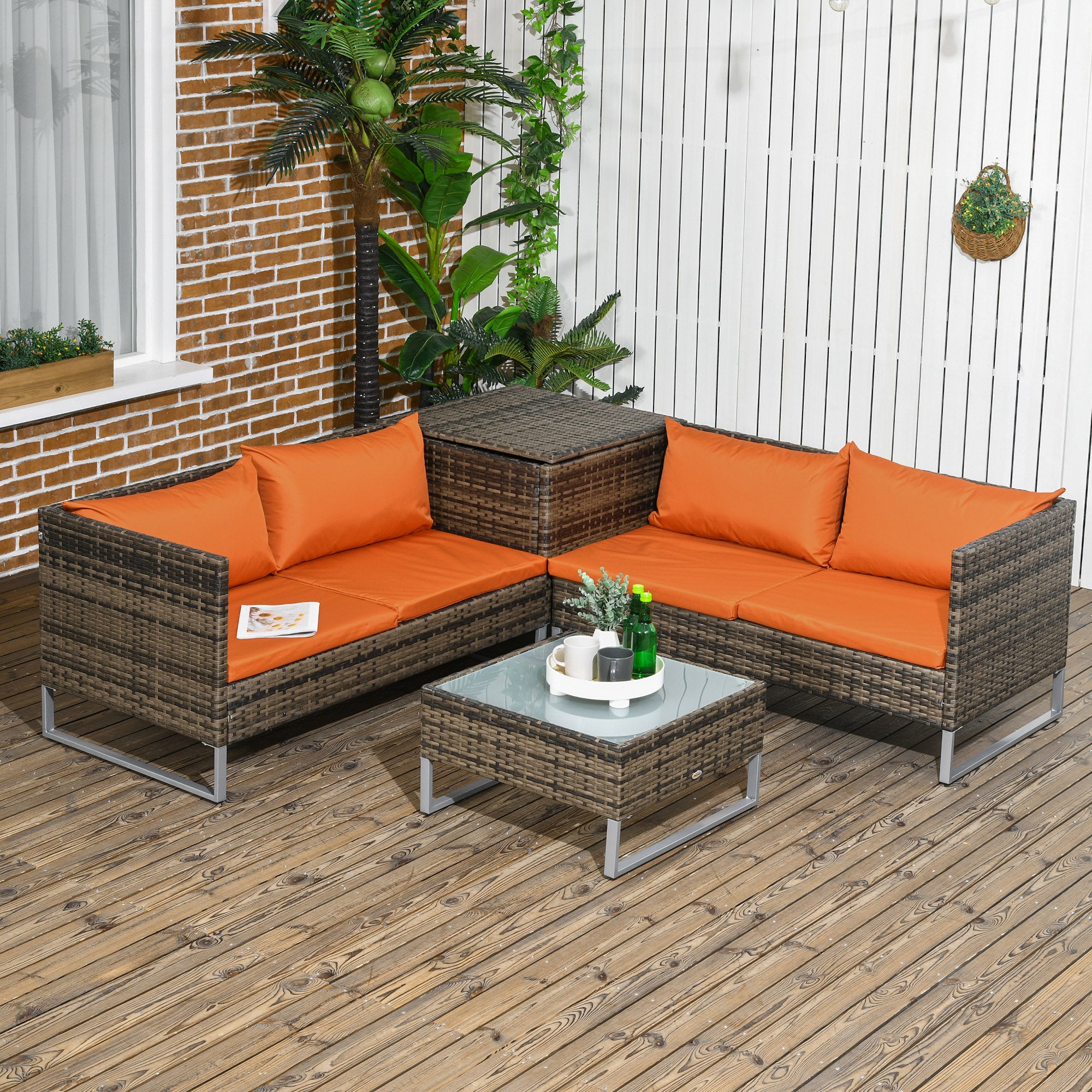 Outsunny Four-Piece Rattan Sofa Set, with Storage Table - Orange/Brown