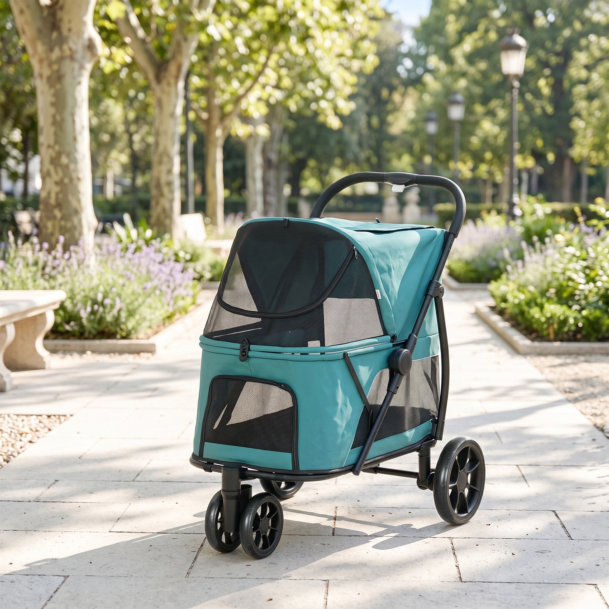 PawHut Dog Stroller, 3 Wheels Pet Stroller with Dual Entry, Easy One-Click Quick Fold, Mesh Windows, Washable Cushion