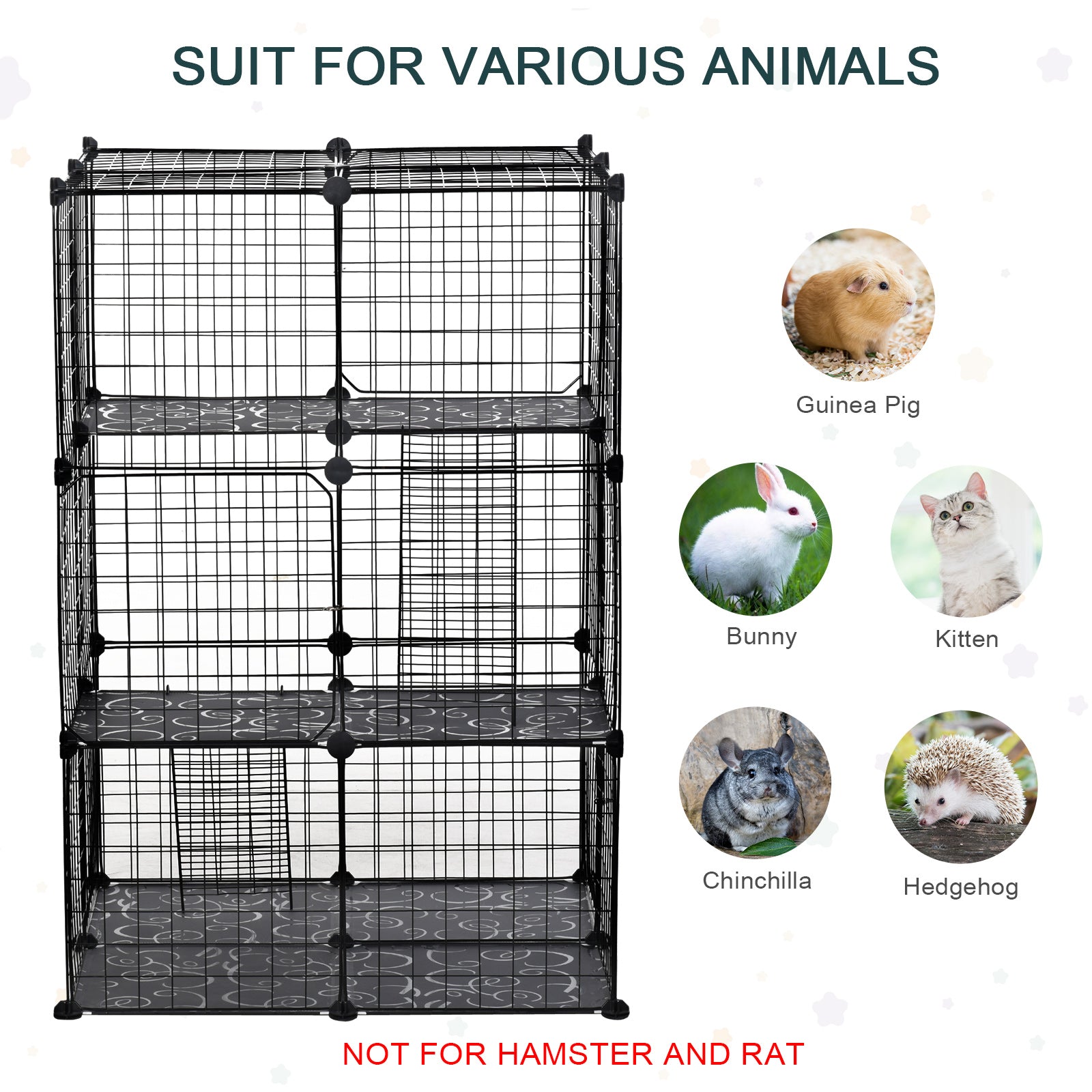 PawHut Pet Playpen DIY Small Animal Cage Enclosure Metal Wire Fence 39 Panels with 3 Doors 2 Ramps for Kitten Bunny Chinchilla Pet Mink Black - North Peak Garden Furniture