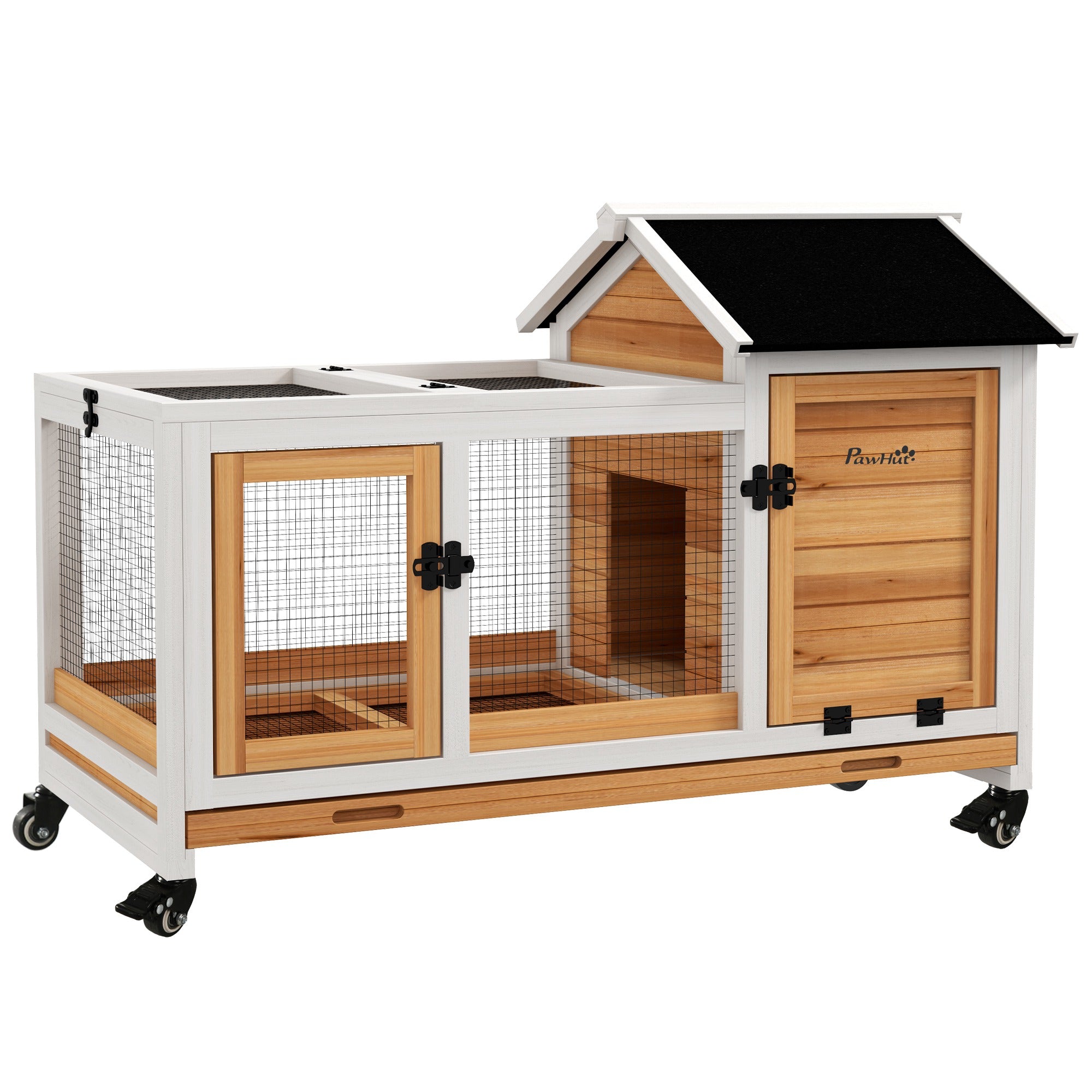 PawHut Wooden Rabbit Hutch, Guinea Pig Cage, with Removable Tray, Wheels - Yellow - North Peak Garden Furniture