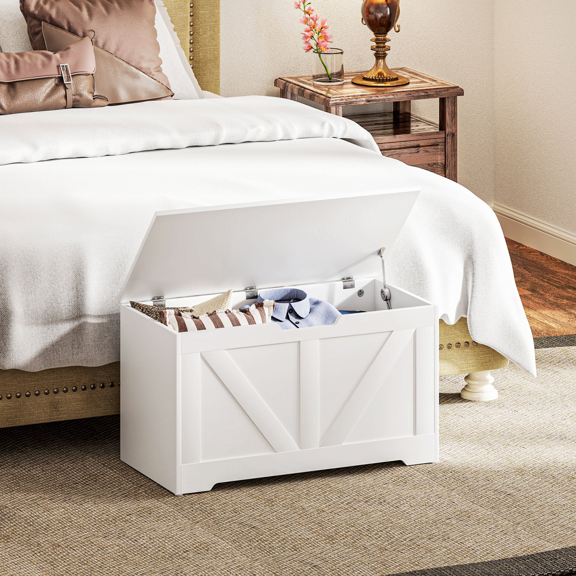 HOMCOM 100L Home Storage Box, with Safety Hinges - White Wood-Effect - North Peak Garden Furniture