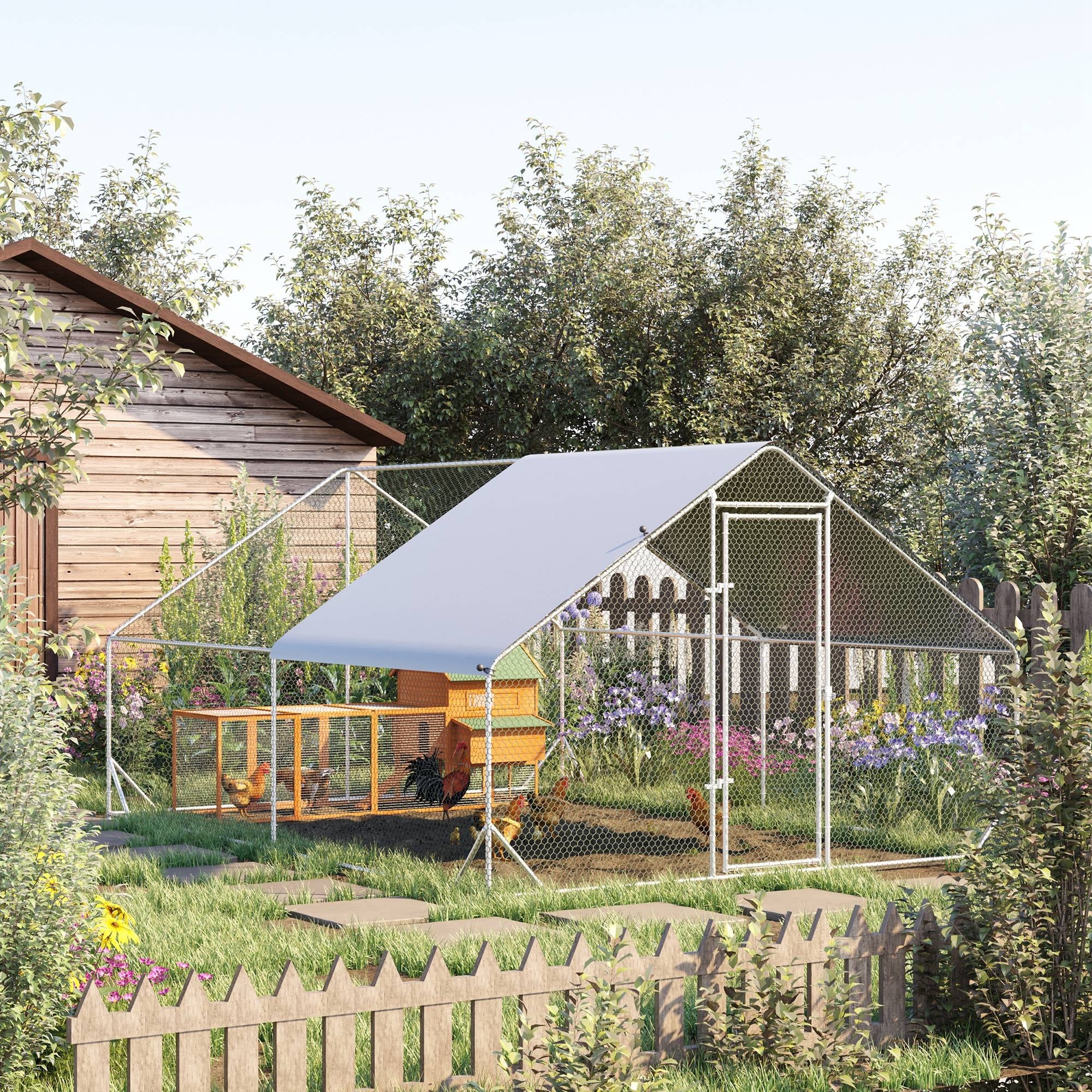 PawHut Chicken Run Galvanised Walk-in Chicken Coop Hen Poultry House Cage Rabbit Hutch Pet Playpen Garden w/ Water-Resist Cover, 3 x 4 x 2m - North Peak Garden Furniture