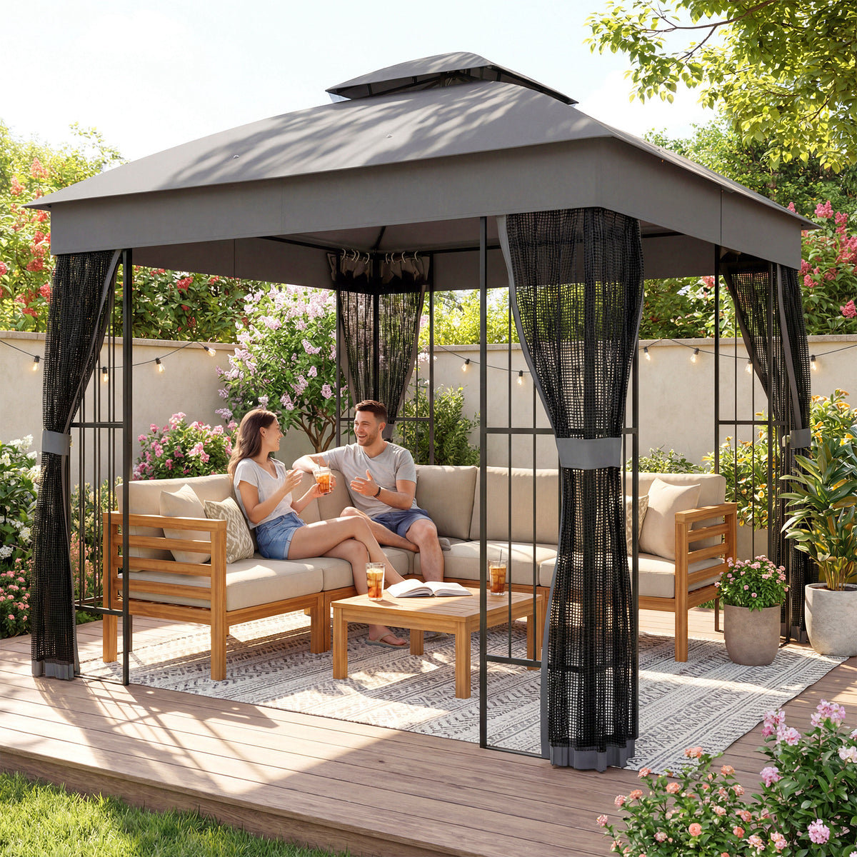 Outsunny 3 x 3 m Outdoor Garden Gazebo with Post Shelves, UPF50+ Double Roof Patio Permanent Pavilion, Grey