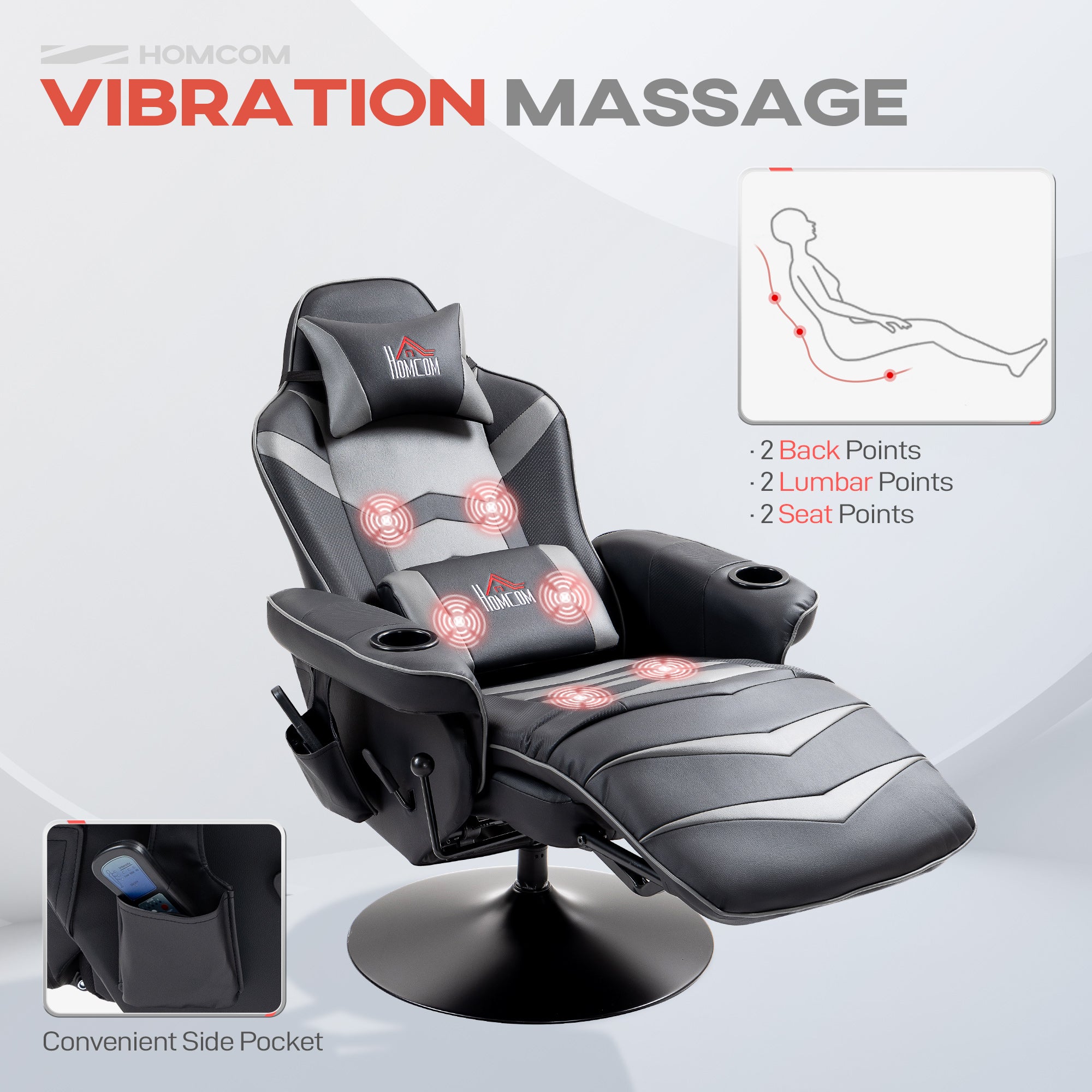 HOMCOM Small Leather Massage Recliner Chair with Ergonomic High Back Retractable Footrest Headrest Work Break Grey