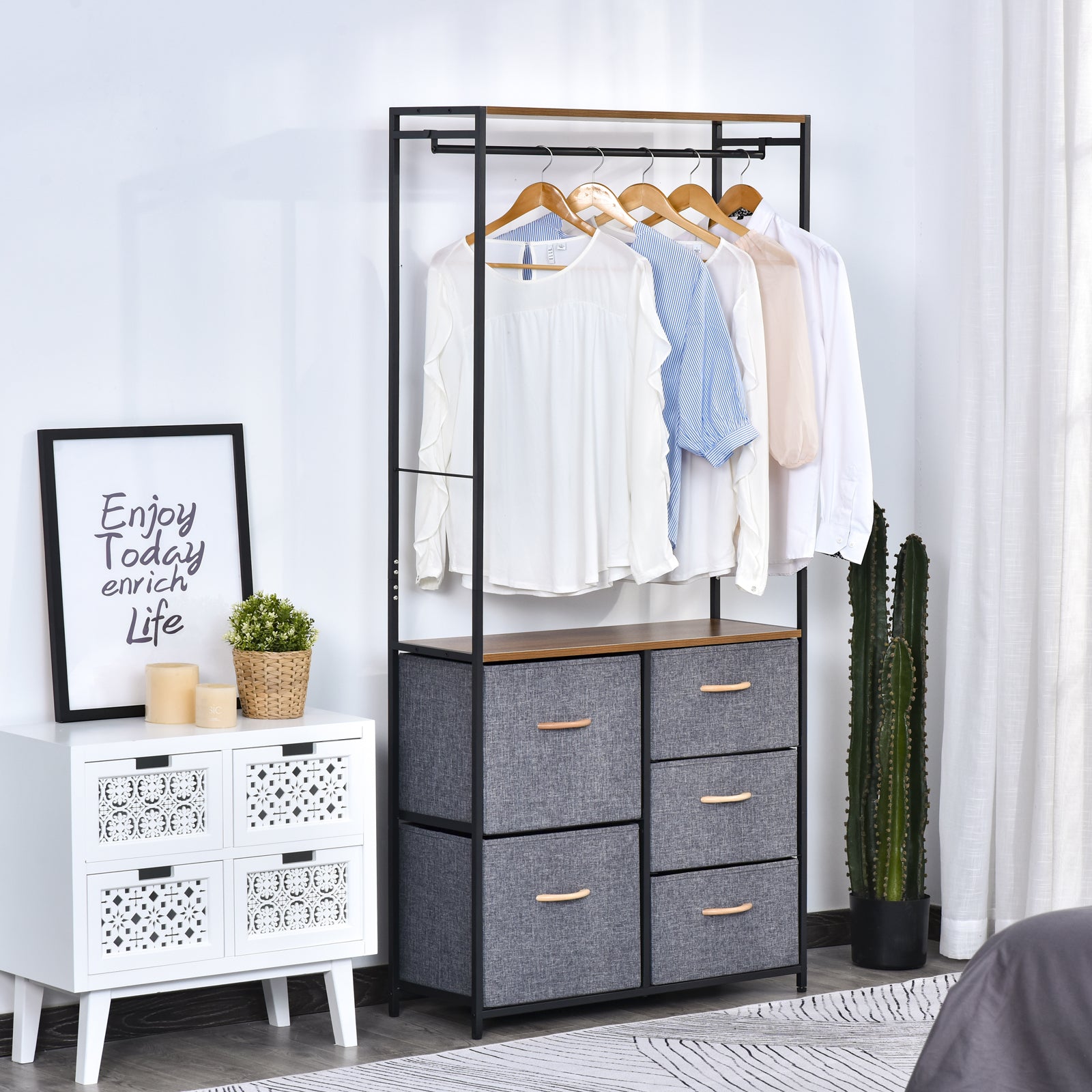 HOMCOM Chest of Drawers with Coat rack Steel Frame 5 Drawers Bedroom Hallway Home Furniture Black Brown - North Peak Garden Furniture