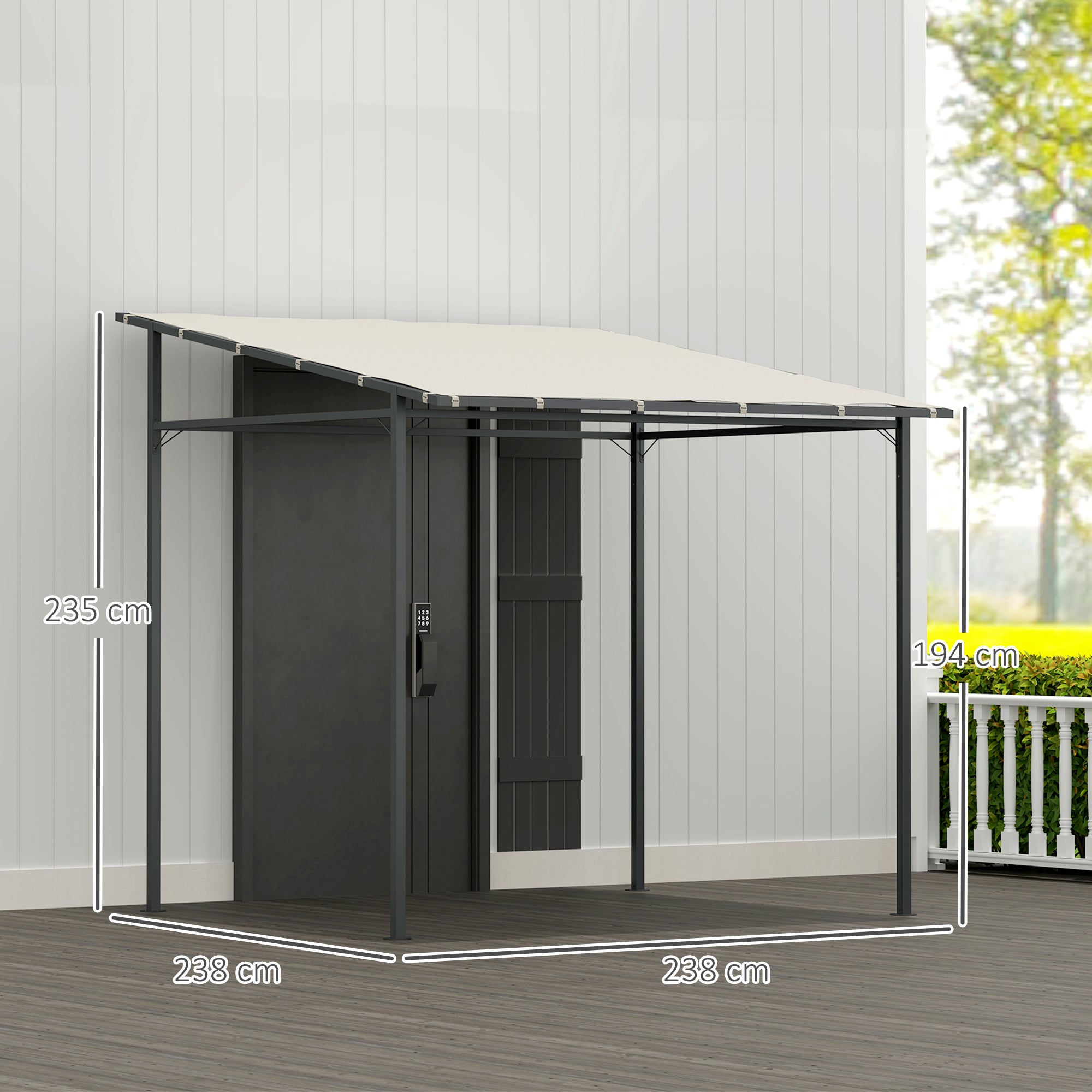 Outsunny 2.4 x 2.4 m Wall Mounted Pergola Gazebo with PA Coating Fabric and Metal Frame, UPF30+, Lean to Garden Gazebo, Wind Resistant Outdoor Sun Shade Shelter for Garden, Deck, Cream White - North Peak Garden Furniture