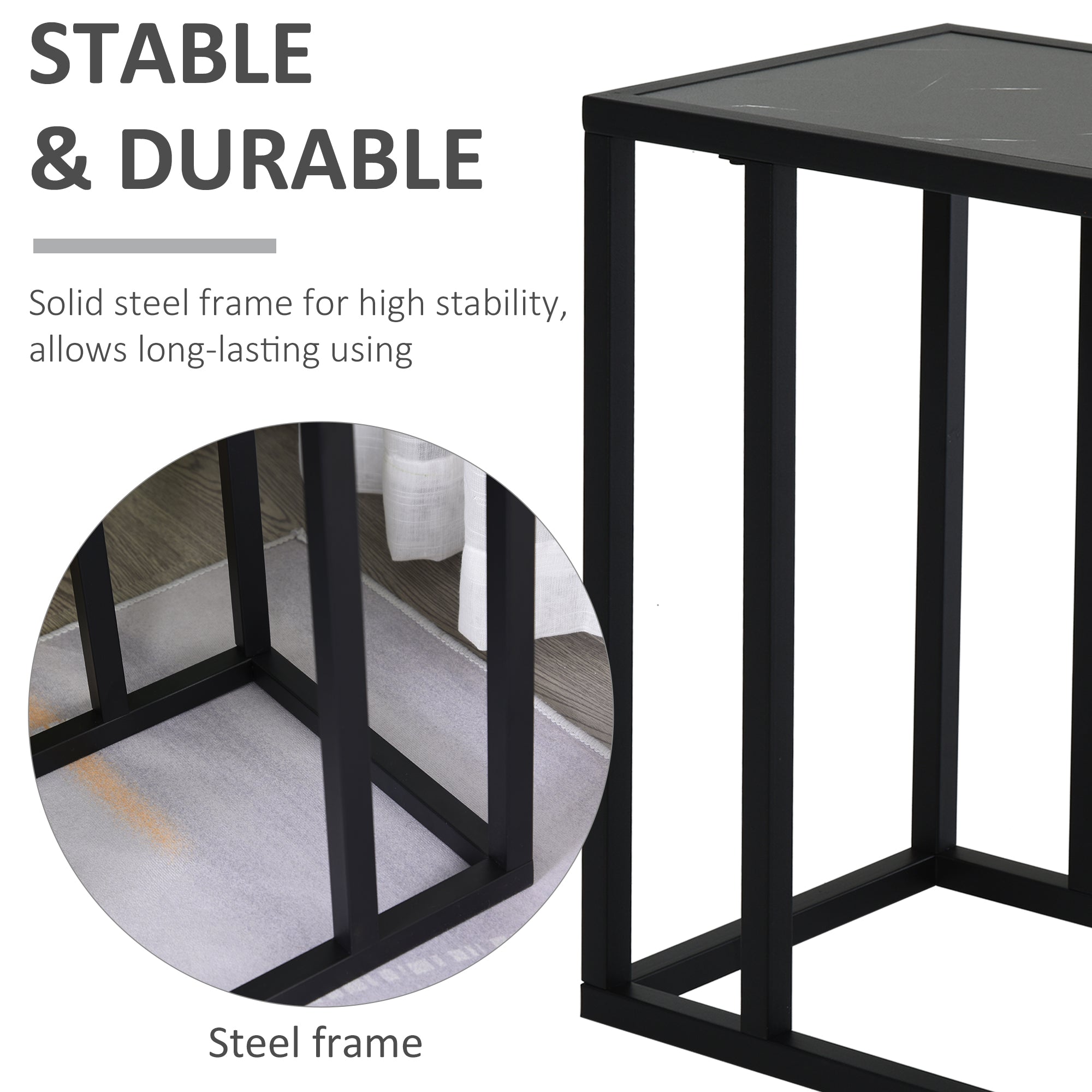 HOMCOM C Shape Bedside Table w/Metal Frame Marble-Effect Top Sofa Narrow Snack End Table for Living Room, Black - North Peak Garden Furniture