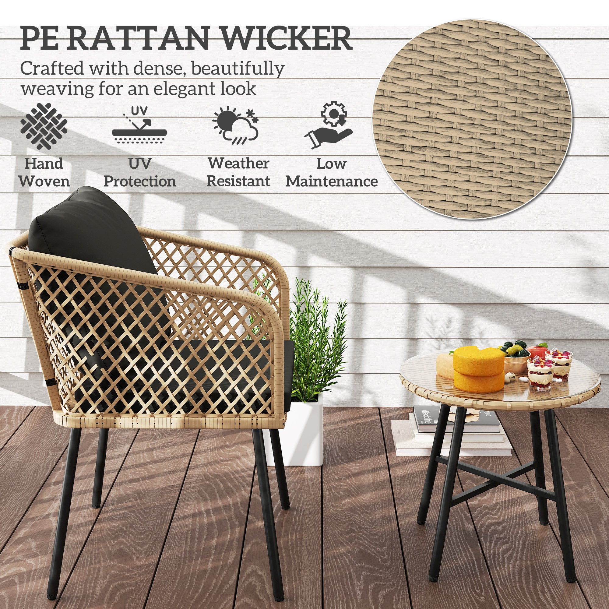 Outsunny Three-Piece Cut-Out Rattan Chair and Table Set - Brown/Black - North Peak Garden Furniture