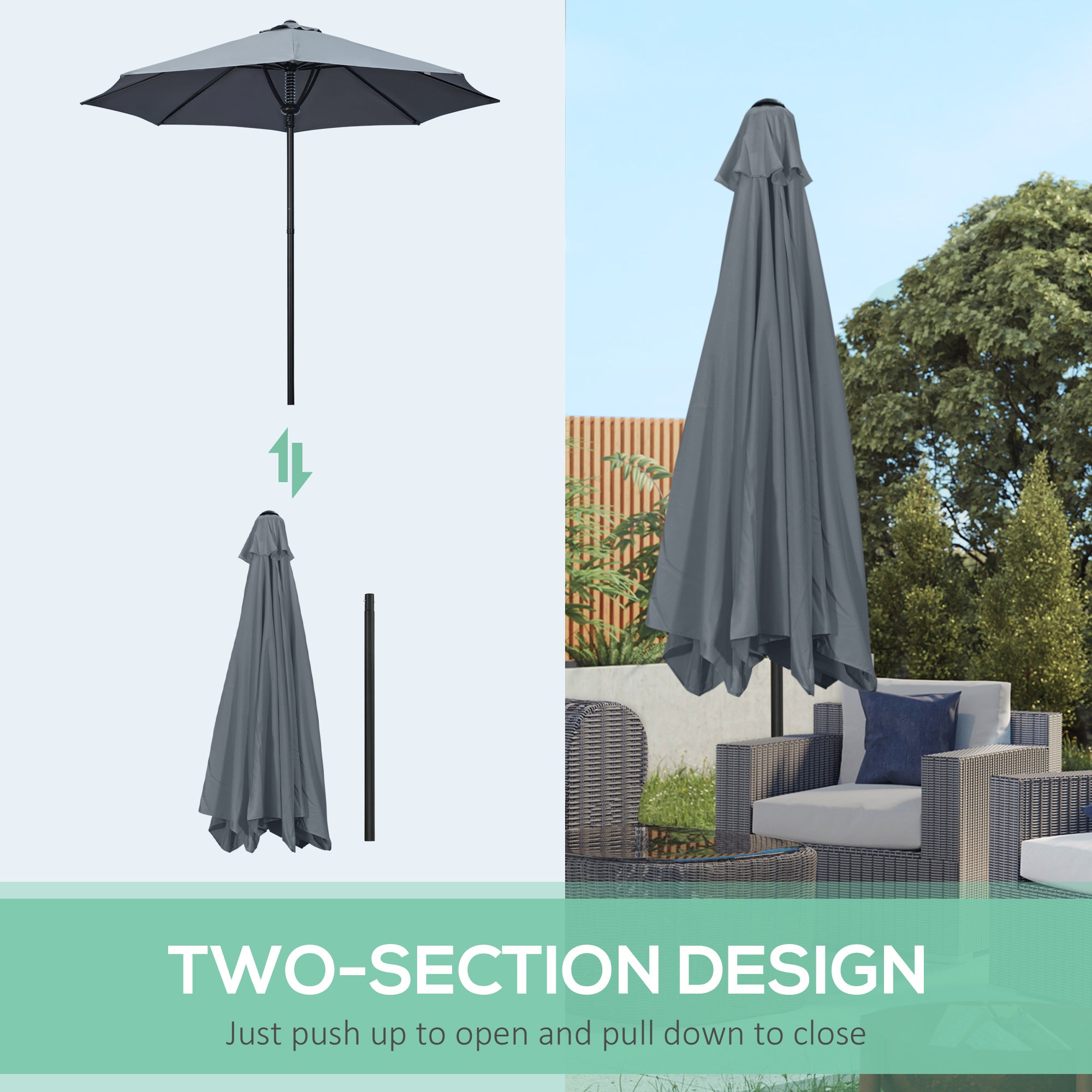 Outsunny Garden 3(m) Parasol Umbrella, Outdoor Market Table Umbrella Sun Shade Canopy with 8 Ribs, Easy Push to Open, Grey - North Peak Garden Furniture