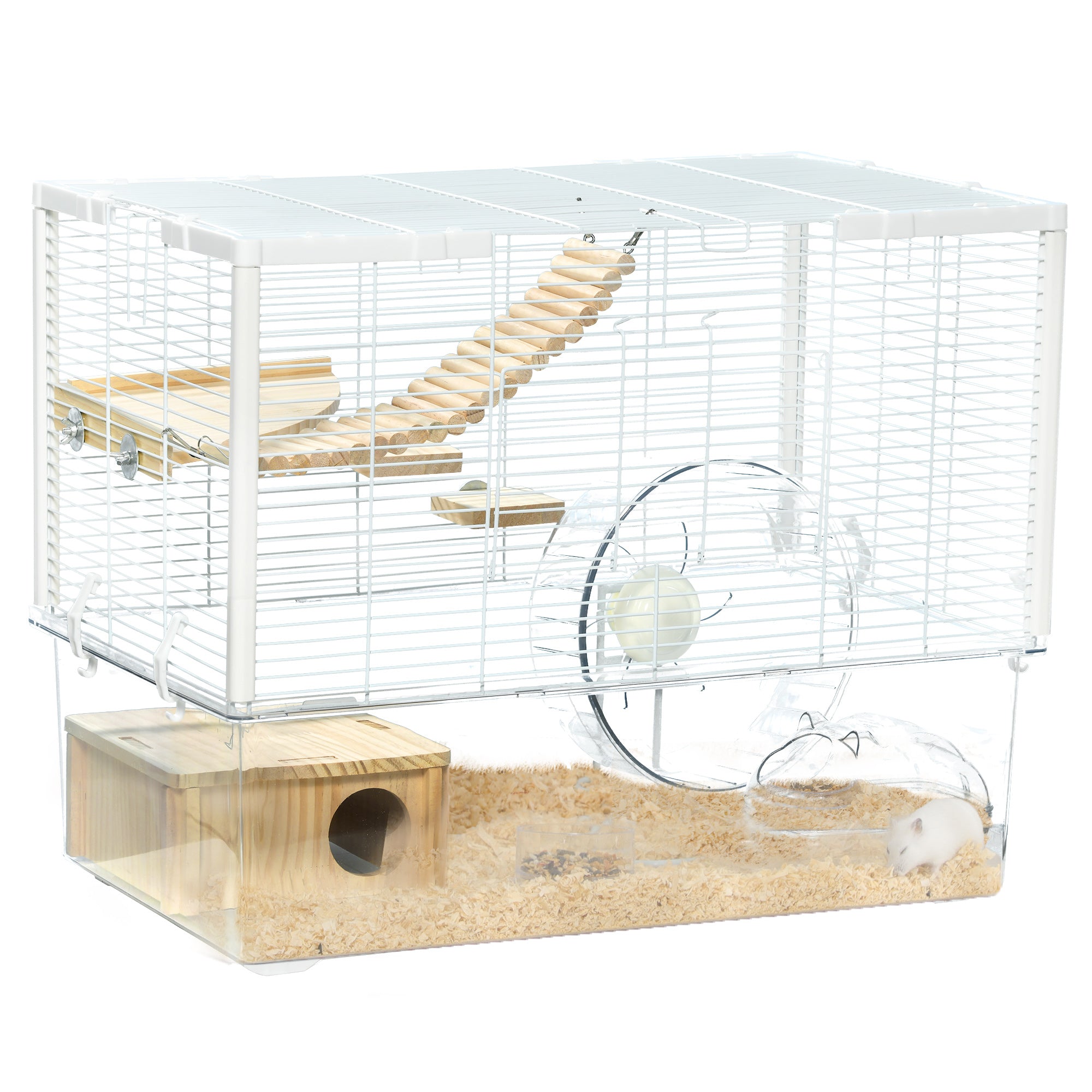 PawHut Hamster Cage, Gerbil Cage with Wooden Ramp, Exercise Wheel, Food Bowl - White - North Peak Garden Furniture
