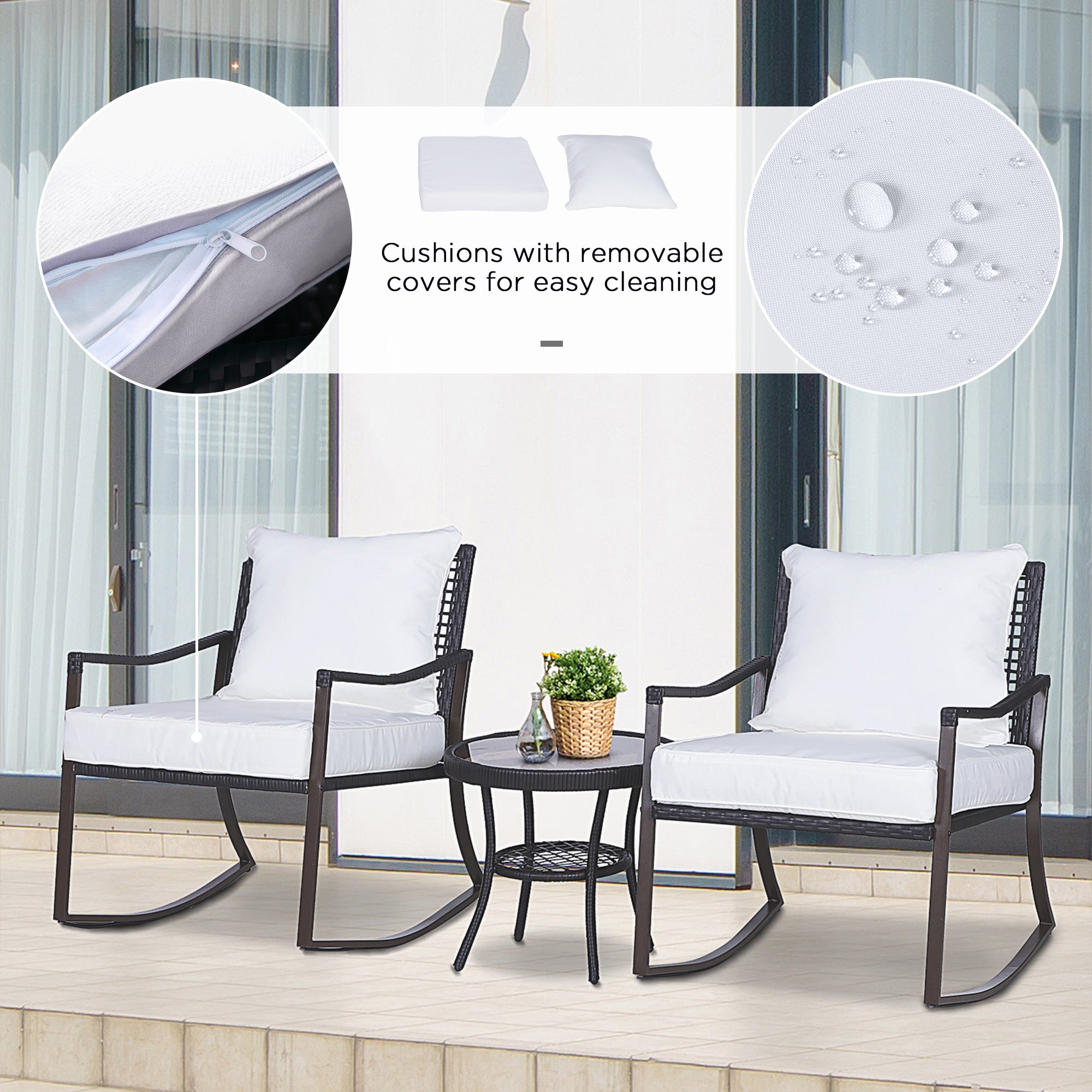 Outsunny 3 Pieces PE Rattan Garden Rocking Chair Set w/ Soft Cushion, Outdoor Rocking Bistro Set with Tempered Glass Round Coffee Table, Pillow, Brown - North Peak Garden Furniture