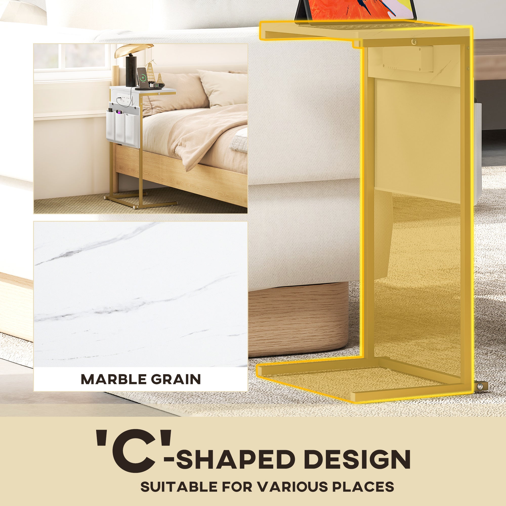 HOMCOM C-Shaped Bedside Table with Charging Station, Marble Grain Side Table with Power Outlets & USB Ports, Storage Bags, for Bedroom, Living Room, White - North Peak Garden Furniture