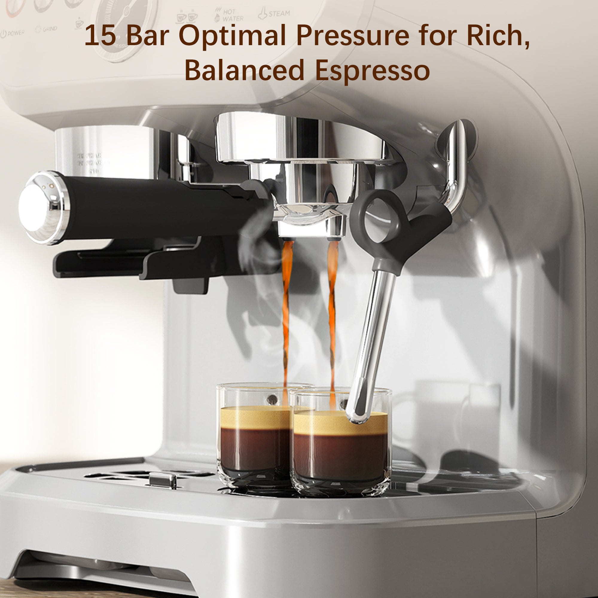 HOMCOM 15 Bar Coffee Machine, with Adjustable Grind, Steamer and Accessories - Silver Colour - North Peak Garden Furniture