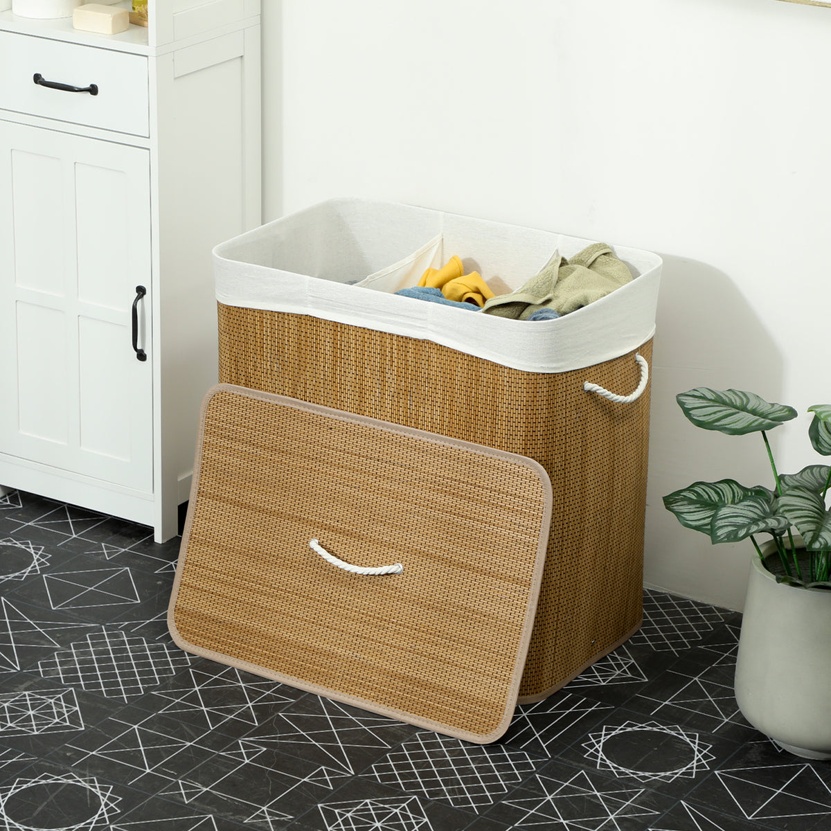 HOMCOM 3 Section Laundry Basket with Lid, 144L Bamboo Laundry Hamper with Handles, Removable and Washable Liner, Brown