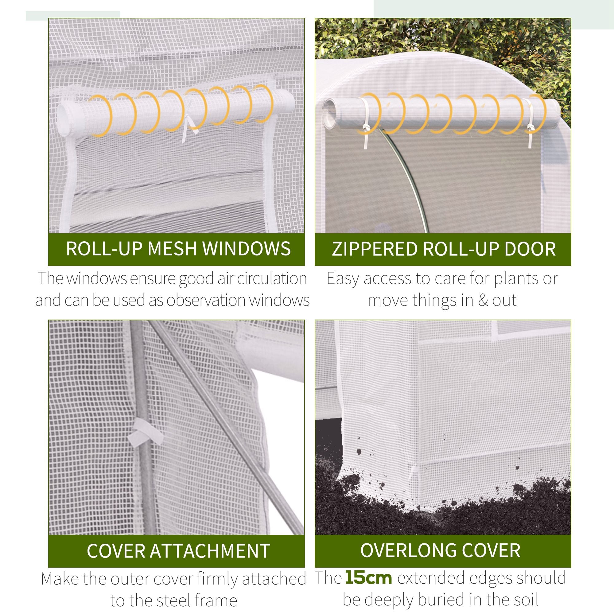 Outsunny 2.5 x 2 x 2 m Polytunnel Greenhouse, Walk-in Green House for Garden with Mesh Windows, Galvanised Steel Frame, White - North Peak Garden Furniture