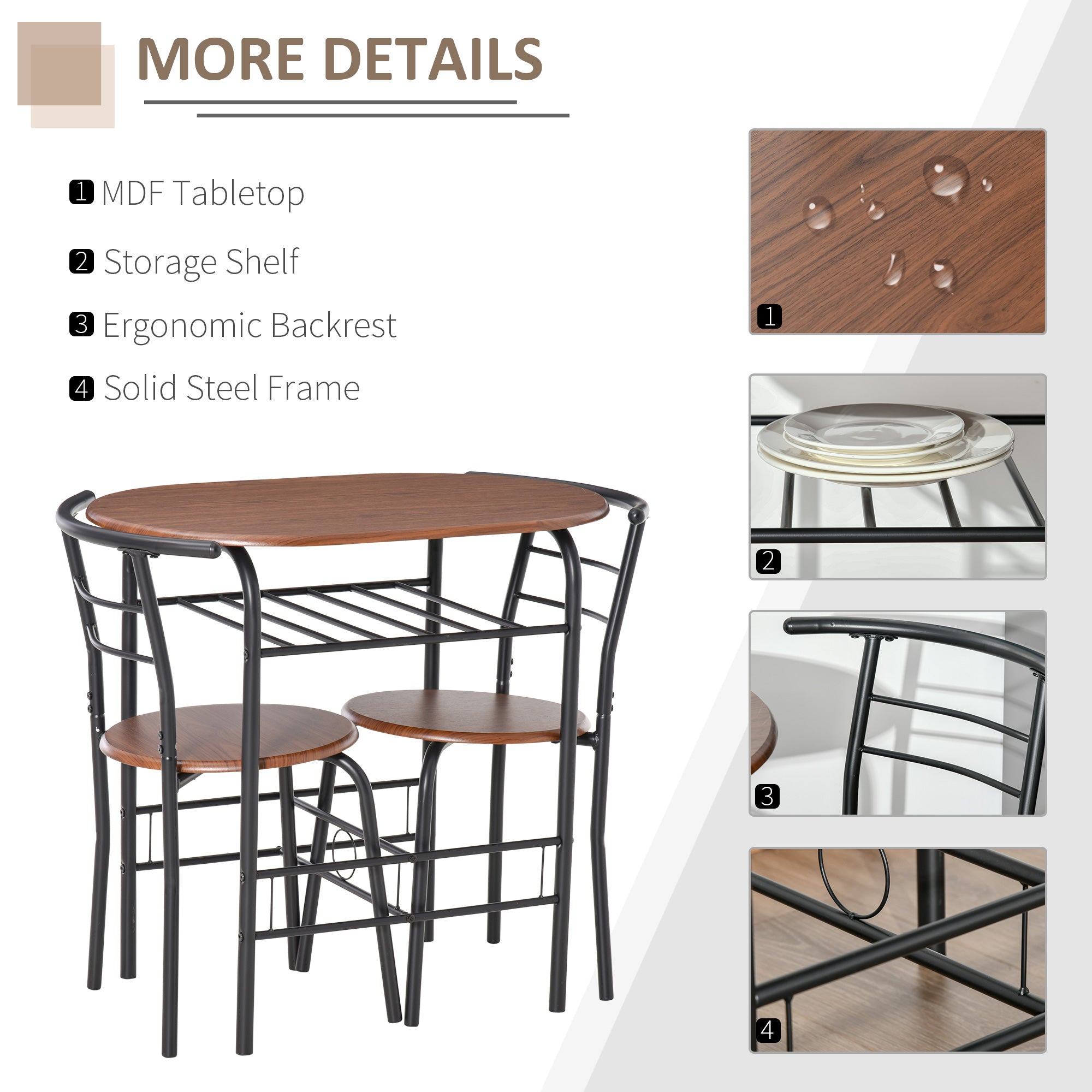 HOMCOM 3-Piece Dining Table Set , Metal Frame Wood Top Breakfast Bar Table Set for 2, Dining Table w/Storage Shelf & 2 chairs - North Peak Garden Furniture