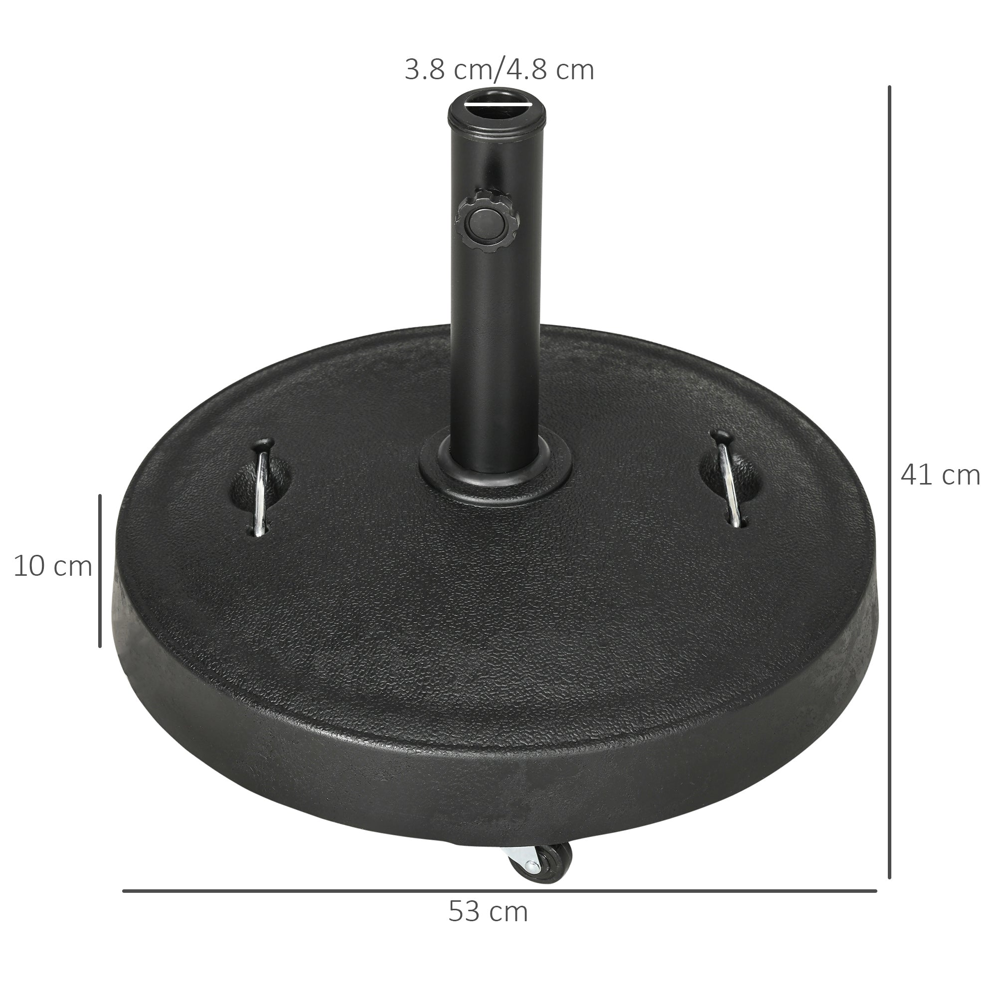 Outsunny 25kg Resin Garden Parasol Base with Wheels and Retractable Handles, Round Outdoor Market Umbrella Stand Weight for Poles of Φ38mm to Φ48mm, Black