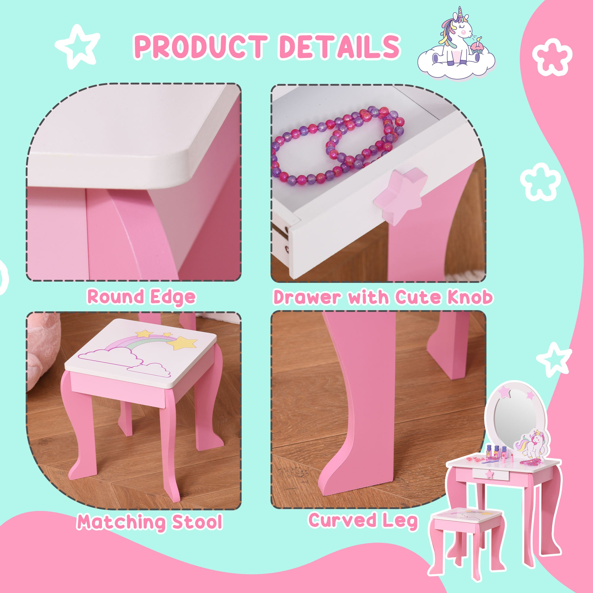 HOMCOM Kids Dressing Table with Mirror, Stool, Pink