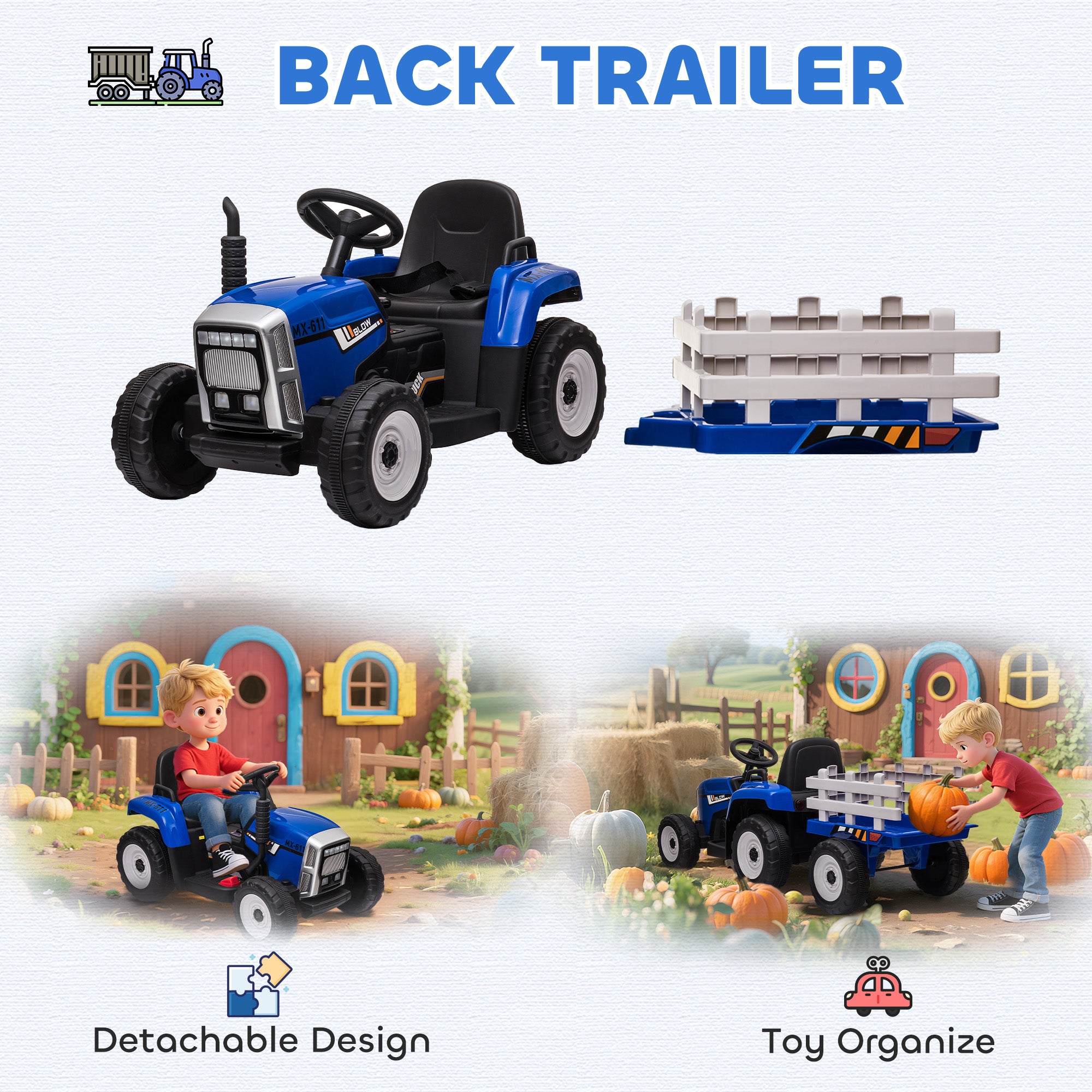 HOMCOM Ride On Tractor, Battery Powered Electric Car, with Detachable Trailer, Remote Control, Music - Blue