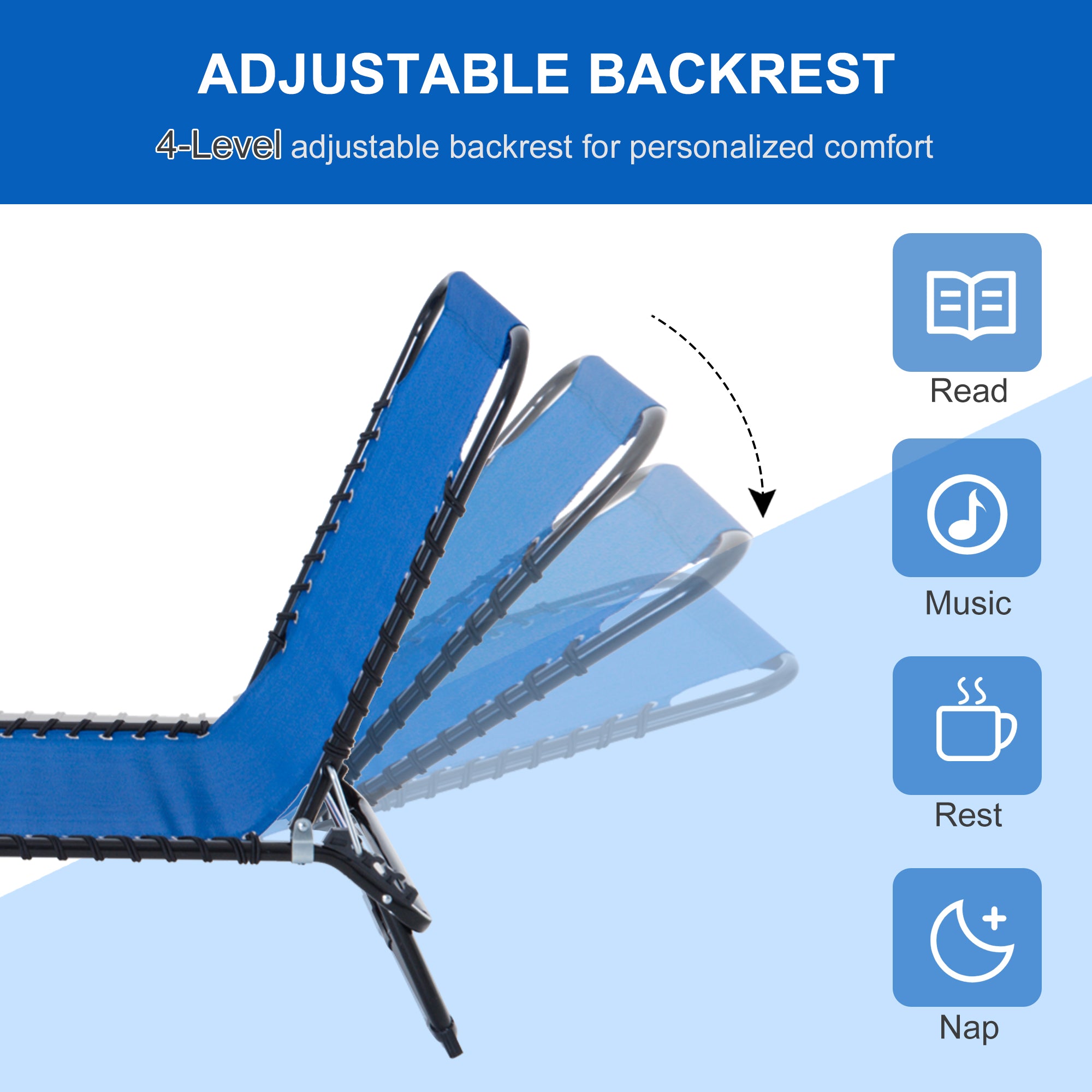 Outsunny Foldable Sun Lounger, Outdoor 4 Level Adjustable Backrest Reclining Chaise Chair, Steel Frame Recliner Chair for Camping, Hiking, Navy Blue - North Peak Garden Furniture
