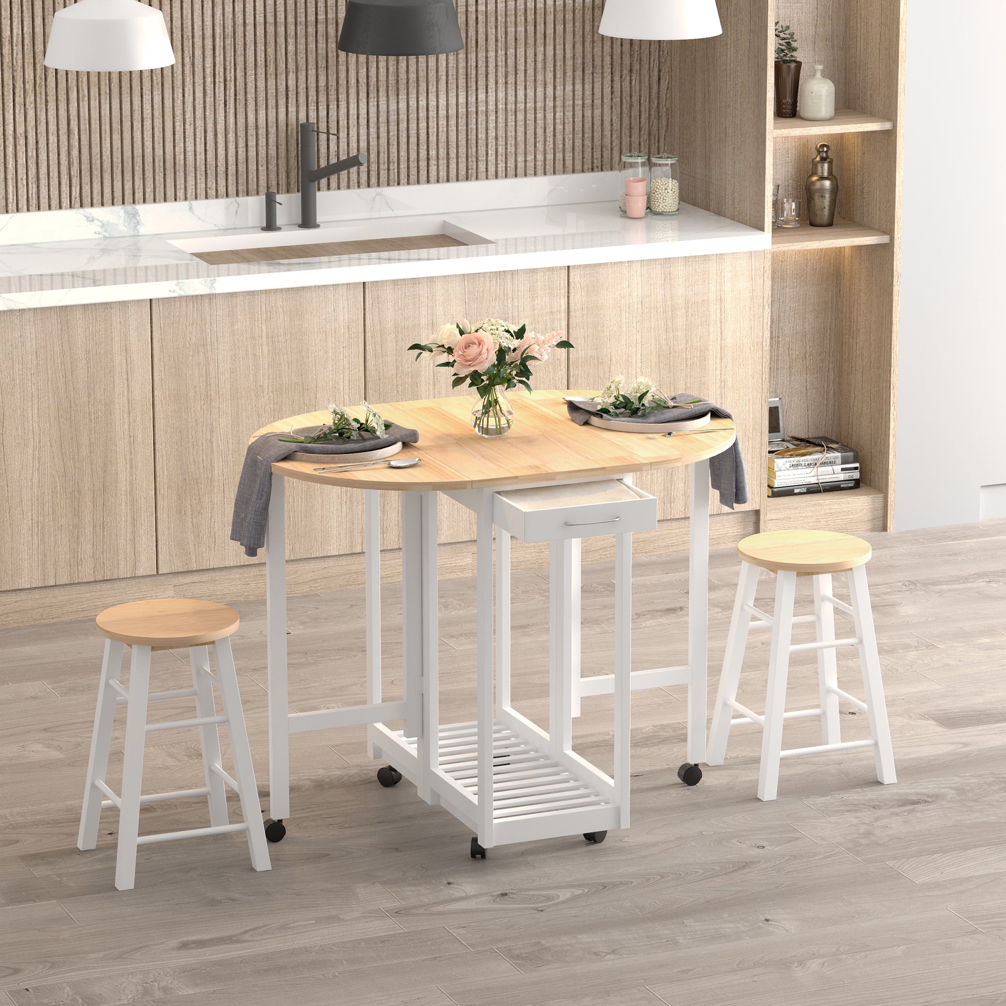 HOMCOM 3PC Wooden Kitchen Cart Mobile Rolling Trolley Folding Bar Table Two Stools Dining Chair Storage Shelf w/2 Drawers & 6 Wheels - North Peak Garden Furniture
