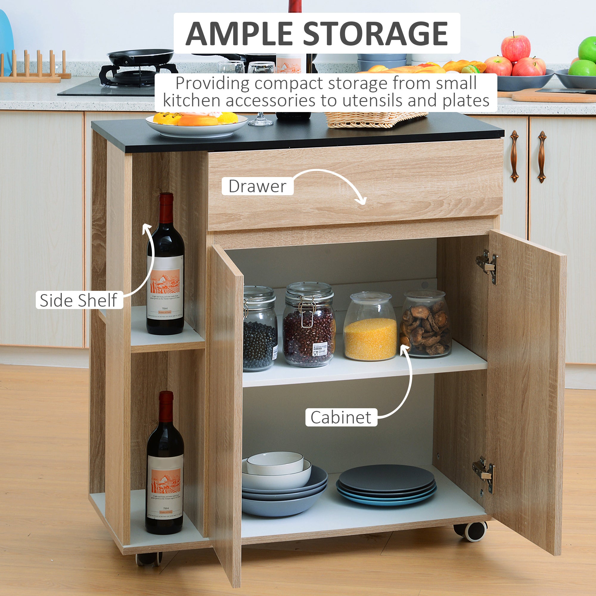 HOMCOM Kitchen Storage Trolley Cart Cupboard Rolling Island Shelves Cabinet With Door and Drawer Locking Wheels - North Peak Garden Furniture