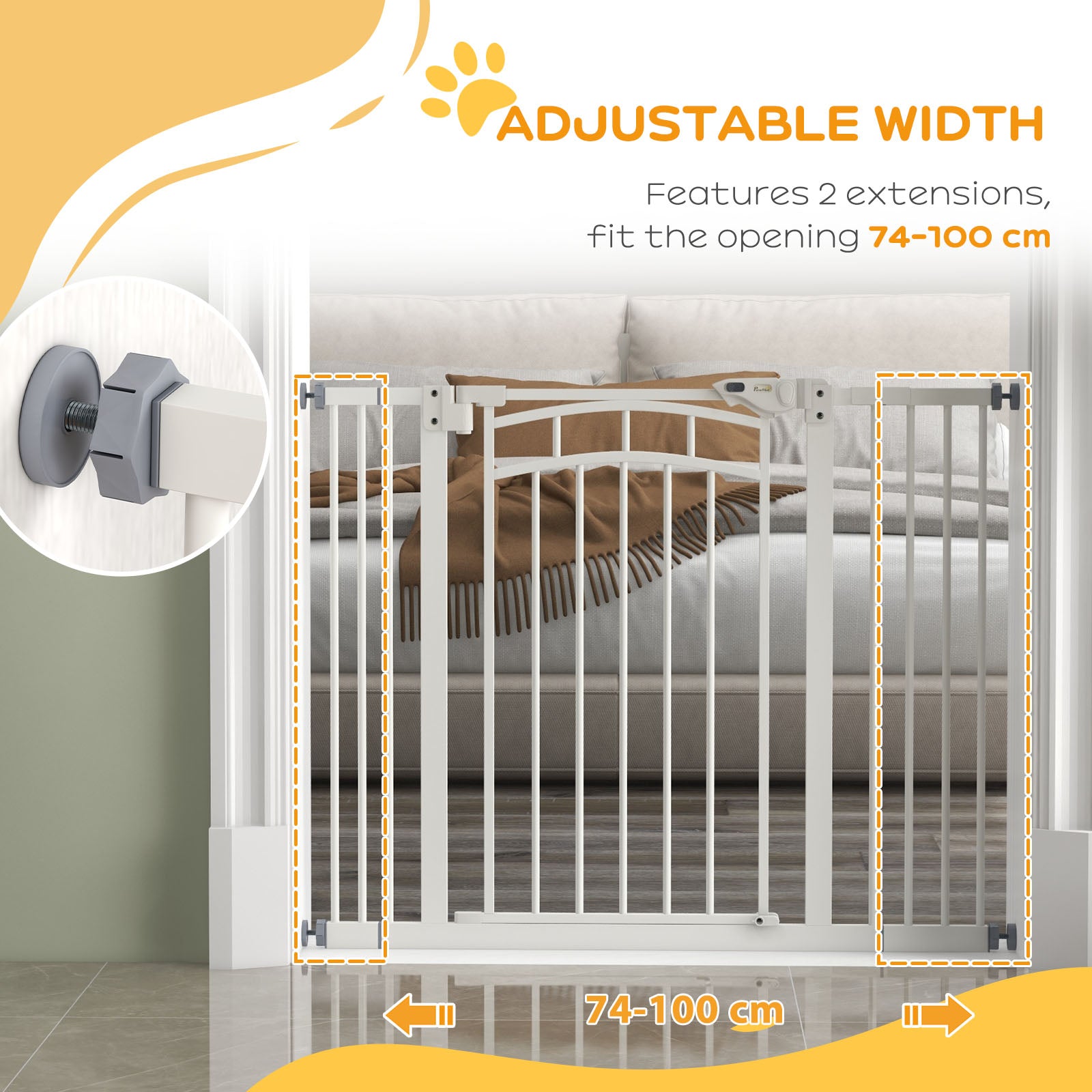 PawHut Pressure Fit Stair Gate, Dog Gate w/ Auto Closing Door for Small, Medium Dog, Easy Installation, for Width 74 to 100cm - North Peak Garden Furniture