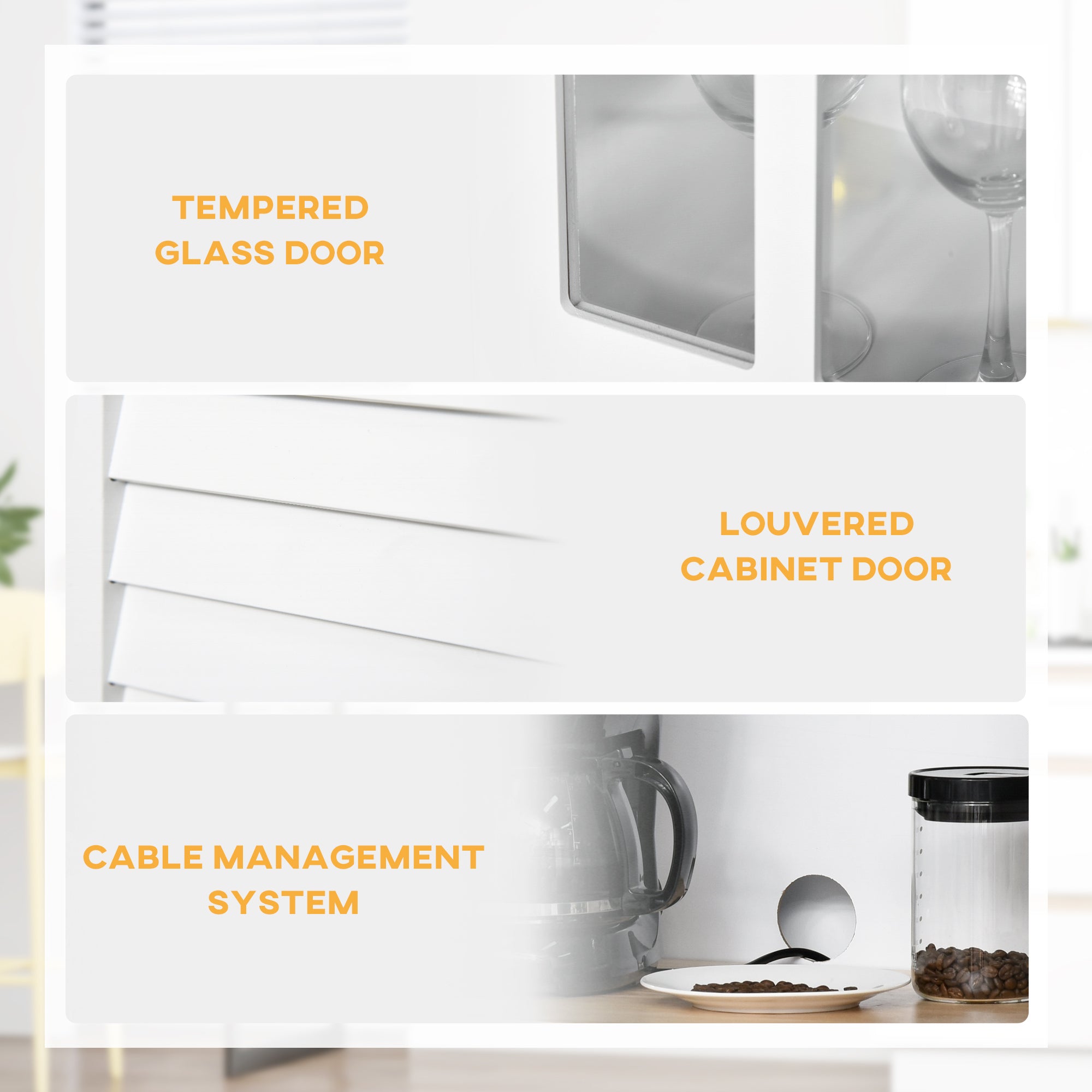 HOMCOM Modern Kitchen Cupboard, Louvered Kitchen Storage Cabinet with Framed Glass Doors and 2 Drawers, White - North Peak Garden Furniture