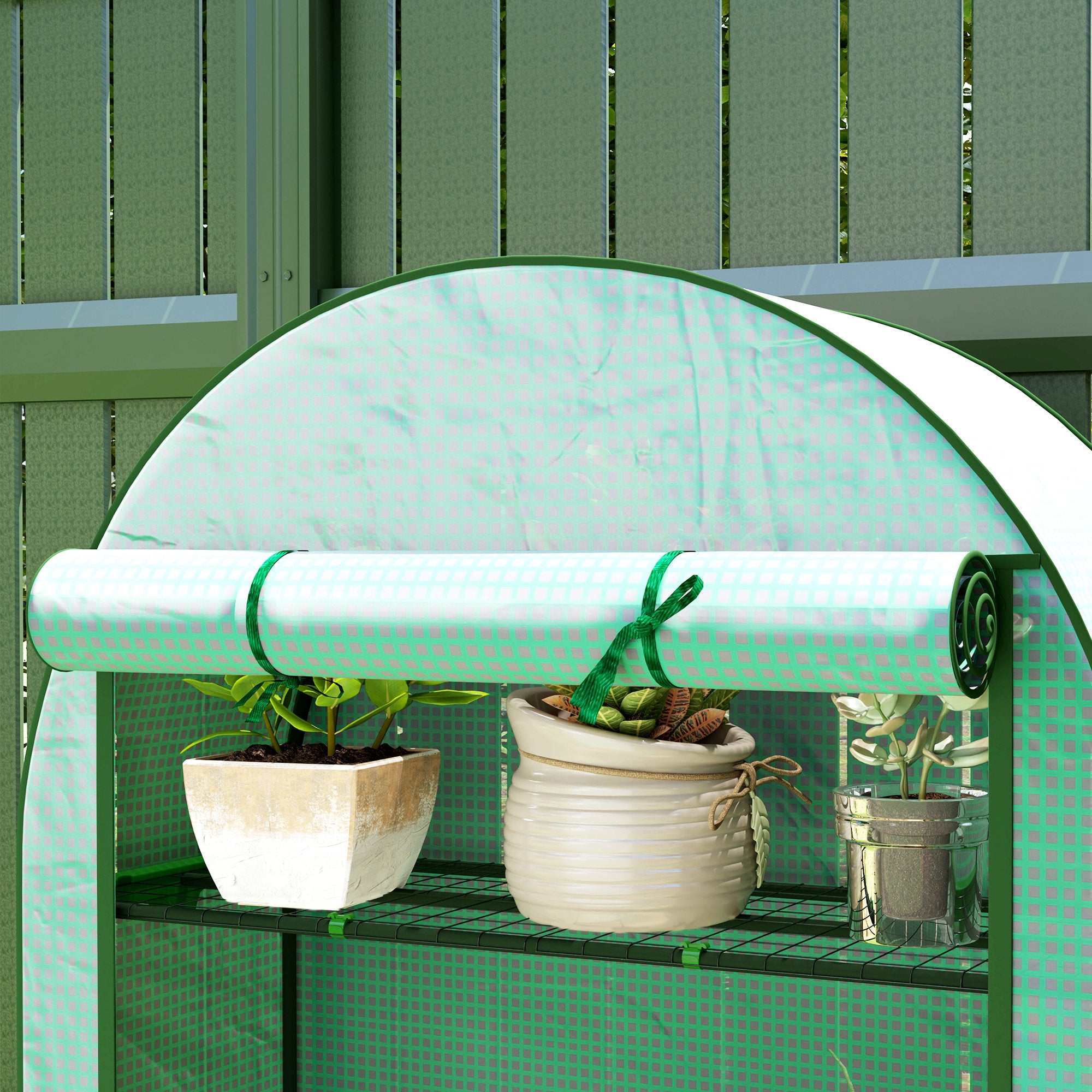 Outsunny 4 Tier Mini Greenhouse with Reinforced PE Cover, Portable Small Greenhouse with Roll-Up Door, 105 x 45 x 160cm, Green - North Peak Garden Furniture
