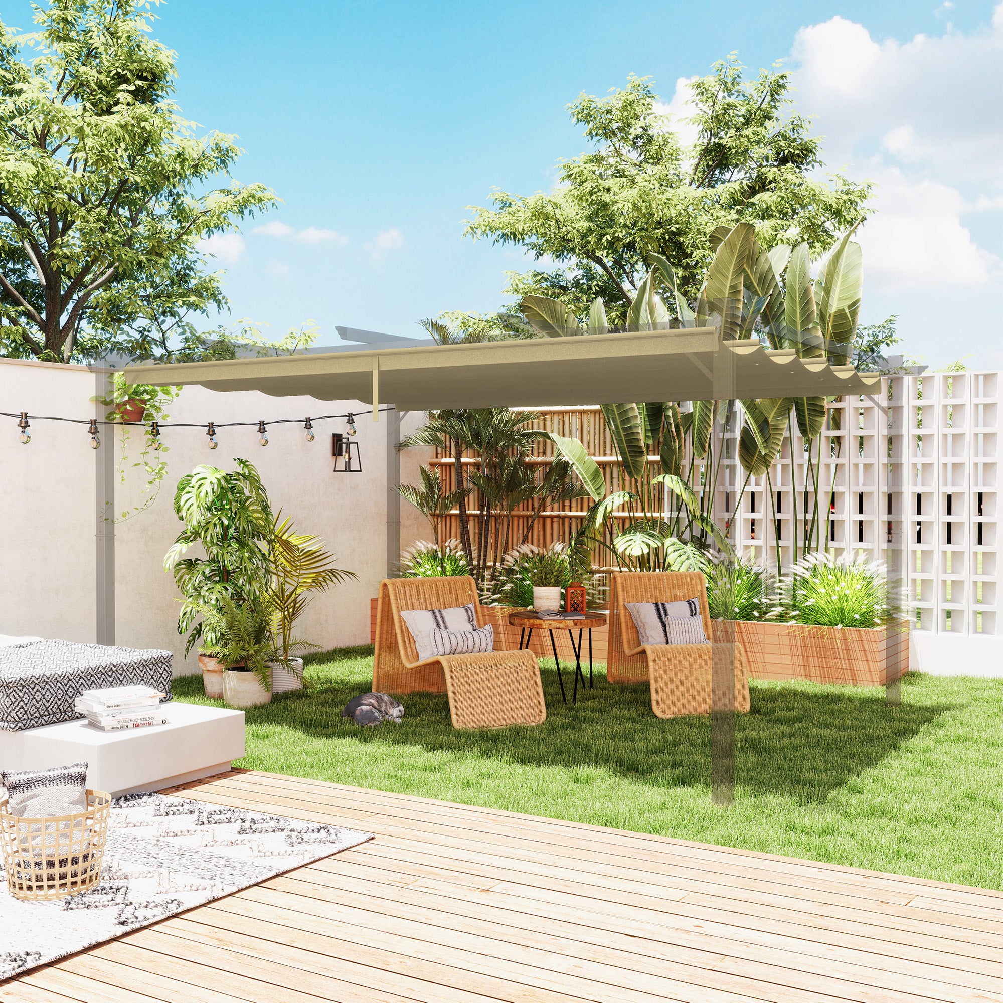 Outsunny Retractable Pergola Shade Cover, Replacement Canopy for 4 x 3 (m) Pergola, Retractable Roof, Tan - North Peak Garden Furniture