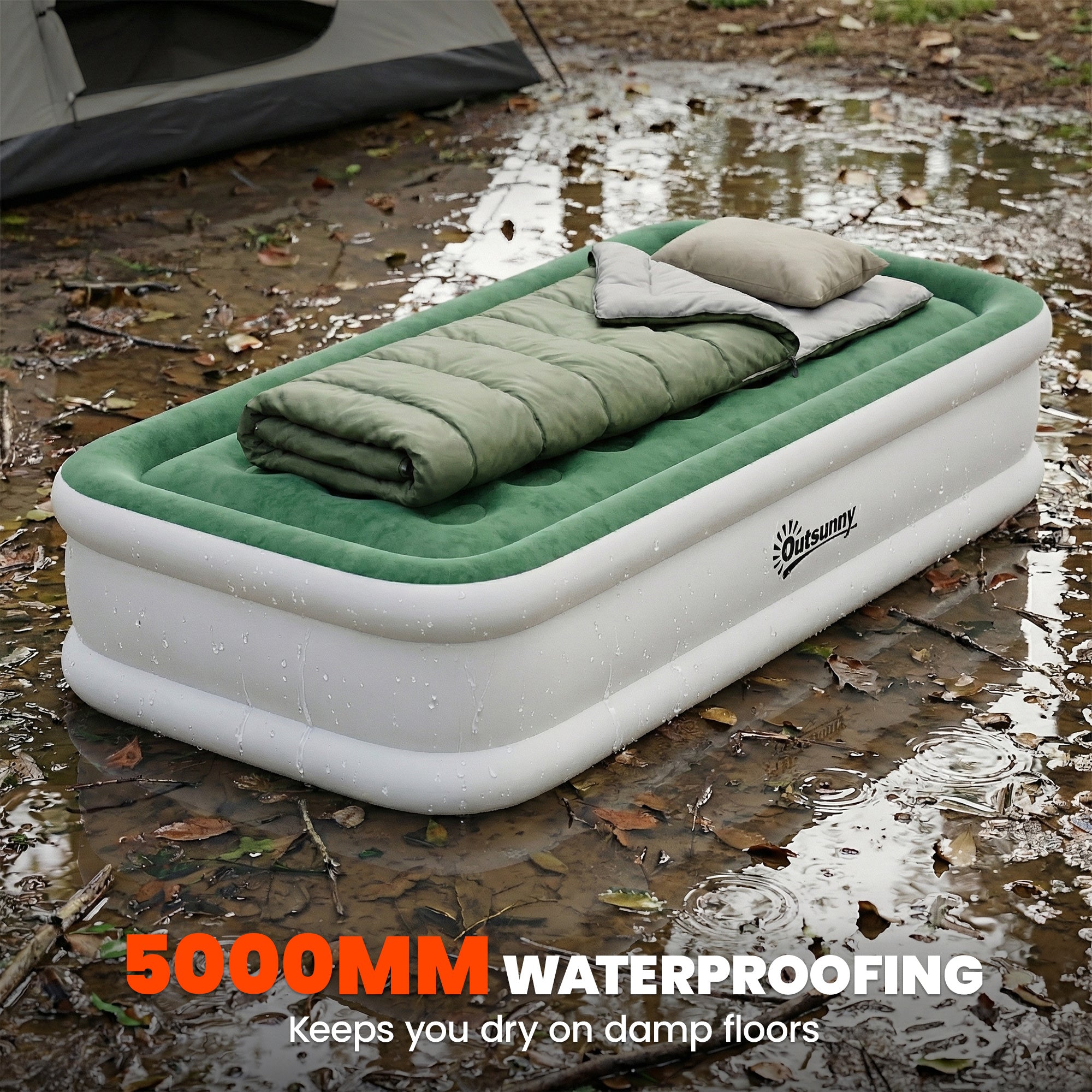 Outsunny Inflatable Mattress, Single Air Bed with Built-in Electric Pump, 3 Mins Inflation, Flocked Surface, Dark Green