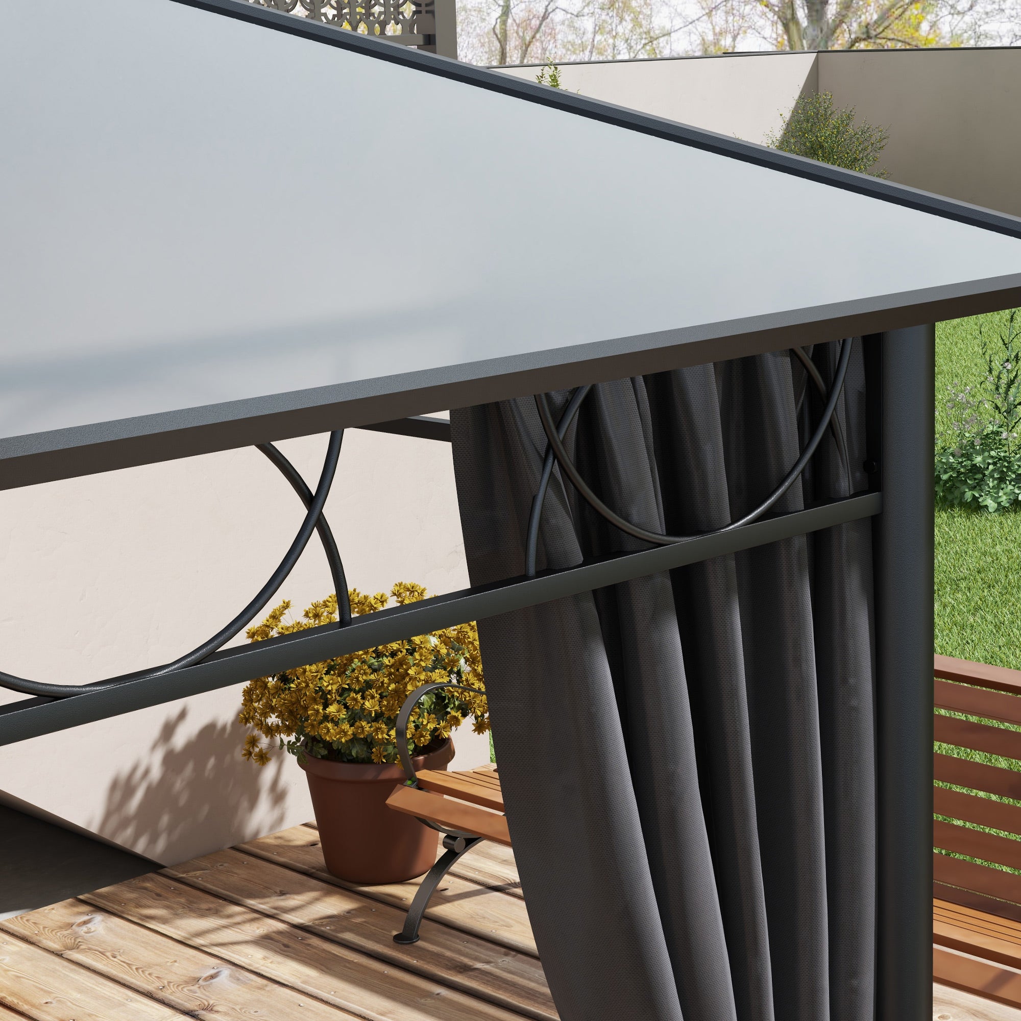 Outsunny Hardtop Gazebo Garden Pavilion with UV Resistant Polycarbonate Roof, Curtains, Steel & Aluminium Frame, 3 x 4m, Grey - North Peak Garden Furniture