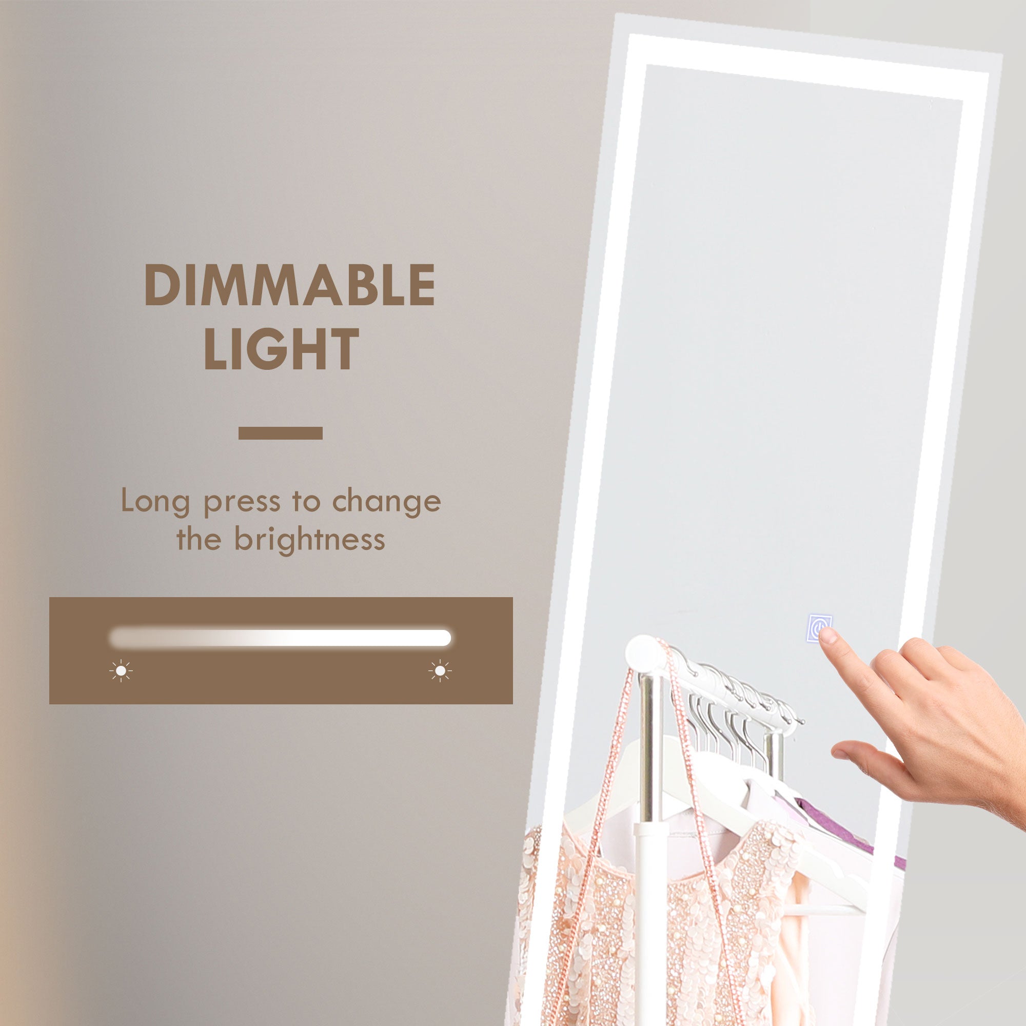 HOMCOM Standing Dressing Mirror with LED Lights, Wall Dressing Mirror for Bedroom with Dimmable and 3 Colour Lighting, White - North Peak Garden Furniture