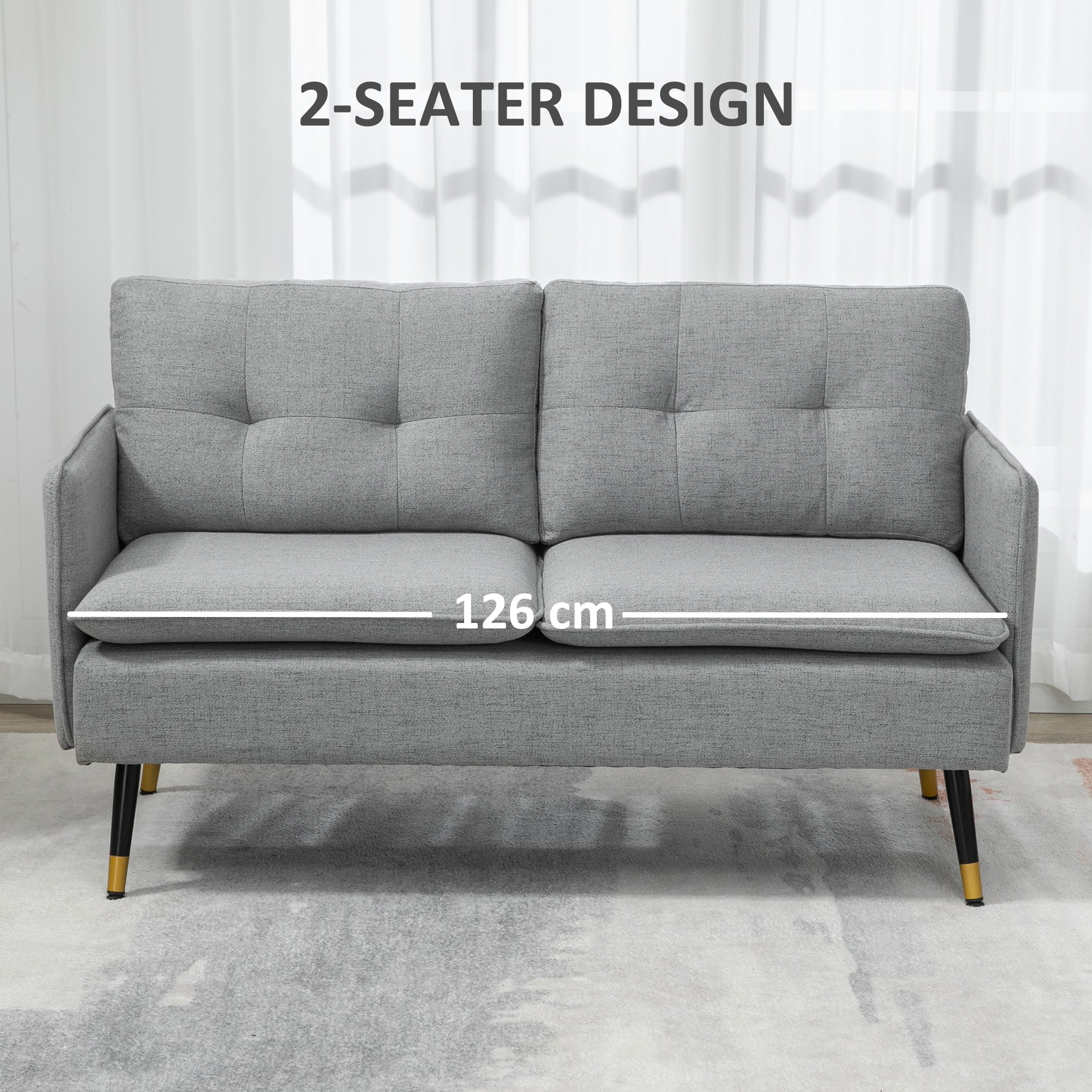 HOMCOM Modern Two Seater Sofa, Button Tufted Loveseat with Cushions and Steel Legs for Living Room, Guest Room, Grey