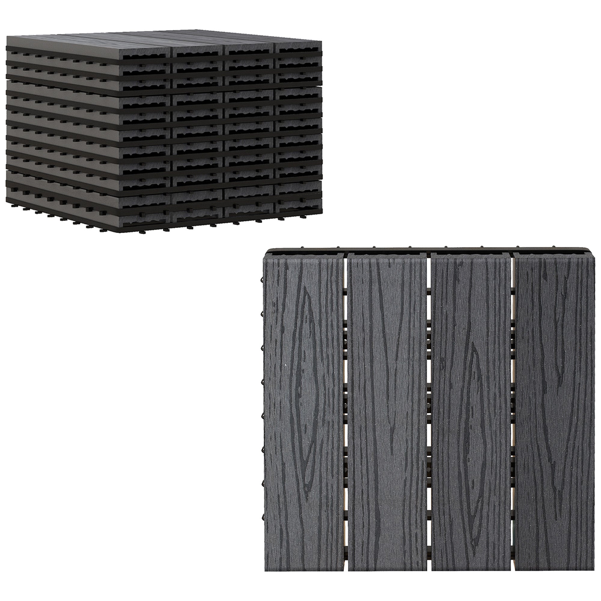 Outsunny WPC Interlocking Decking Tiles, Pack of 11 Interlocking Patio Paving Slabs, 30 x 30 x 2.2 cm, Grey