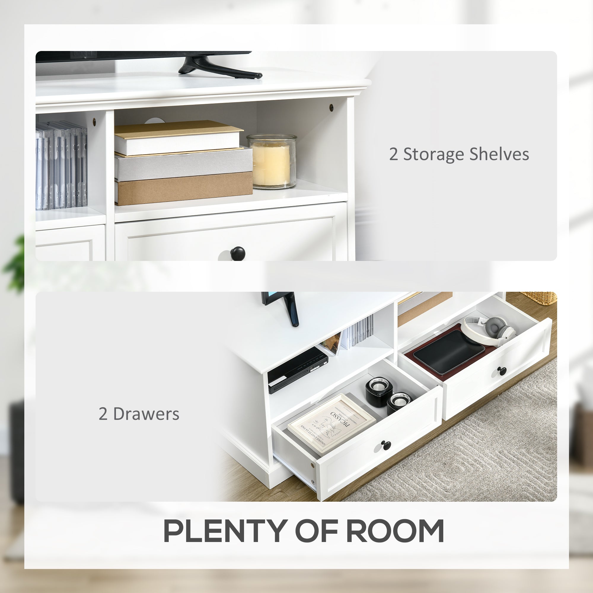 HOMCOM Modern TV Unit Cabinet for TVs up to 45 Inches, TV Stand with Drawers, Open Shelves, Cable Holes for Living Room, White - North Peak Garden Furniture