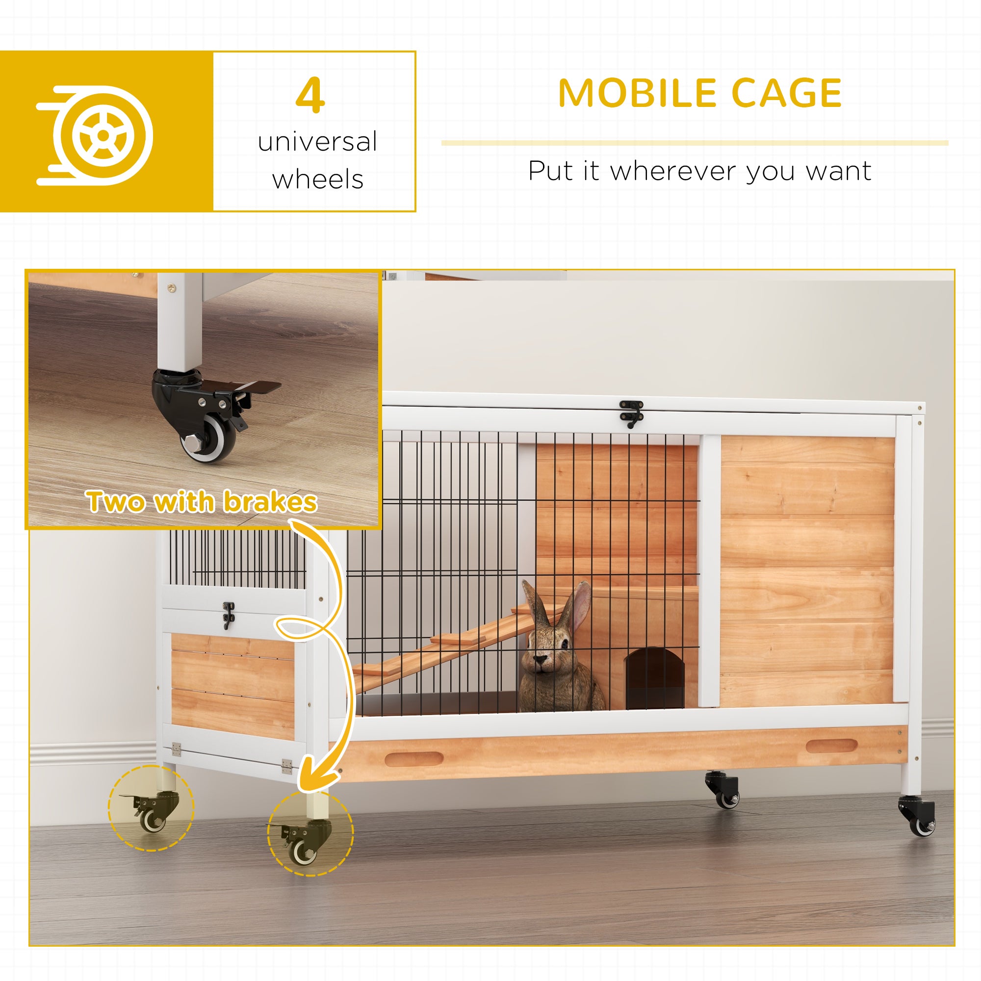 PawHut Wooden Guinea Pig Hutch, 2-Floor Bunny Cage w/ Enclosed Run Area, Yellow