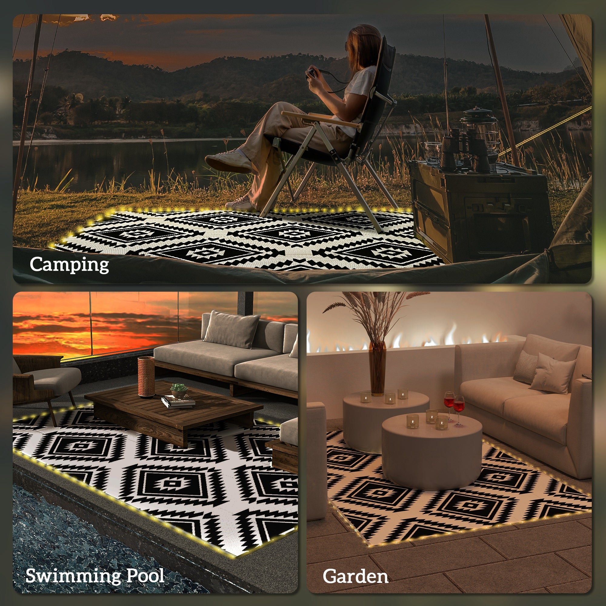 Outsunny Plastic Straw Reversible RV Outdoor Rug with LED String Light, 182 x 274cm, Black and White - North Peak Garden Furniture